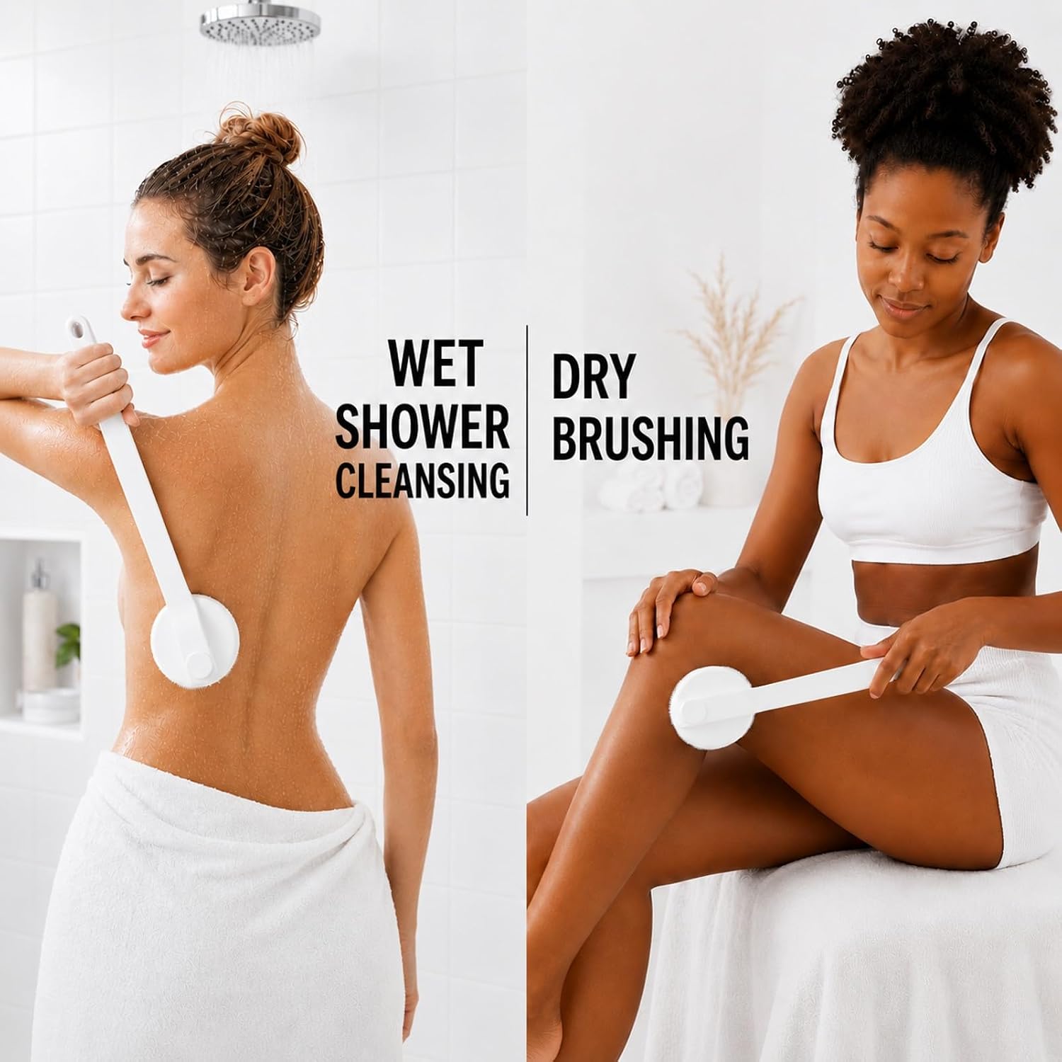Lequin 14-Inch Handle Bath Brush for Shower, Detachable Back Scrubber with Medium Firm Bristles,Wet or Dry Brushing Body Brush, Exfoliating Shower Scrubber for Back, Legs, Arms and Feet