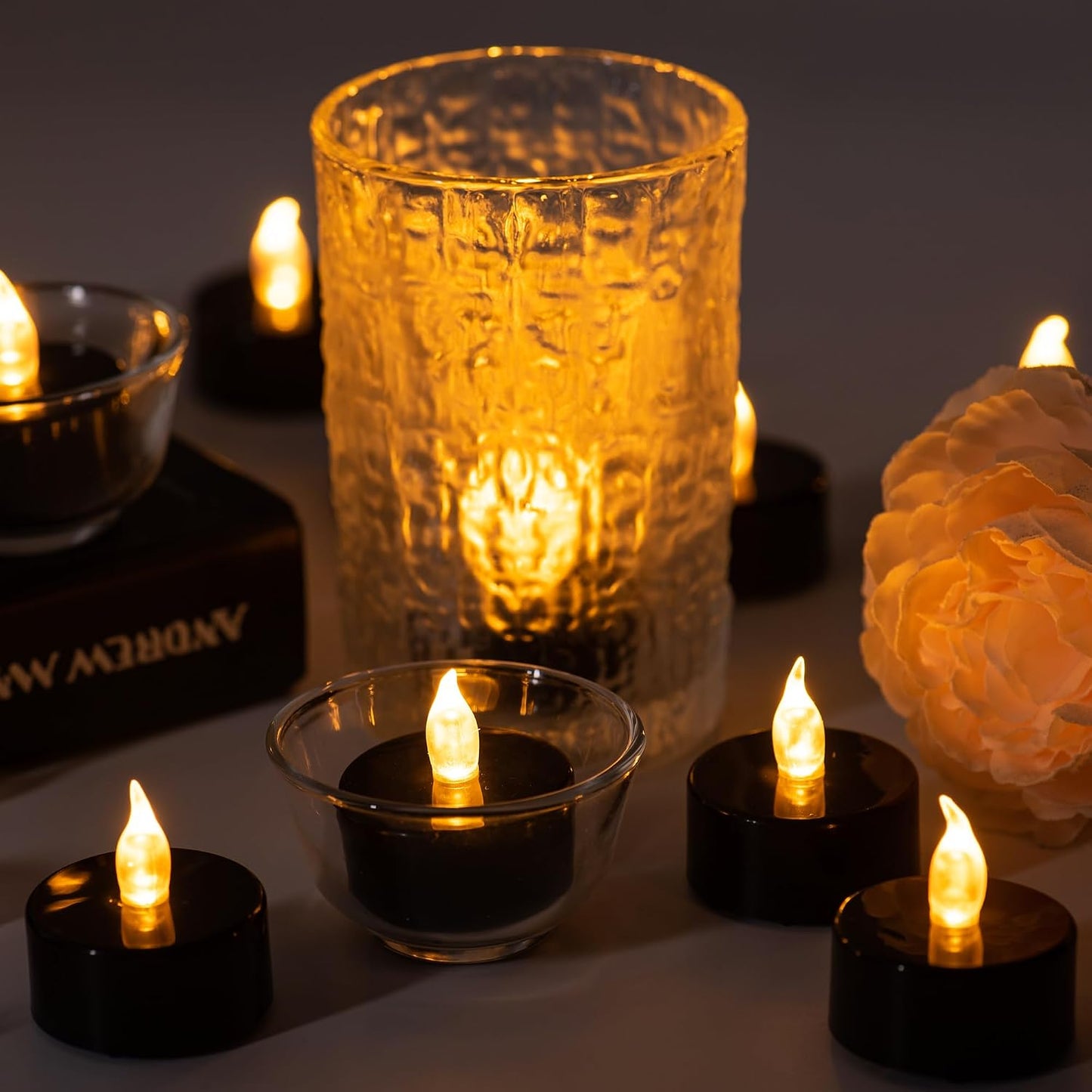 Lasts 2X Longer Black Flameless Tealight Candles, 40 Pack, Batteries Included, Realistic Tea Lights Candles, Flickering Bright Tealights, Battery Operated Candles for Halloween Decorations