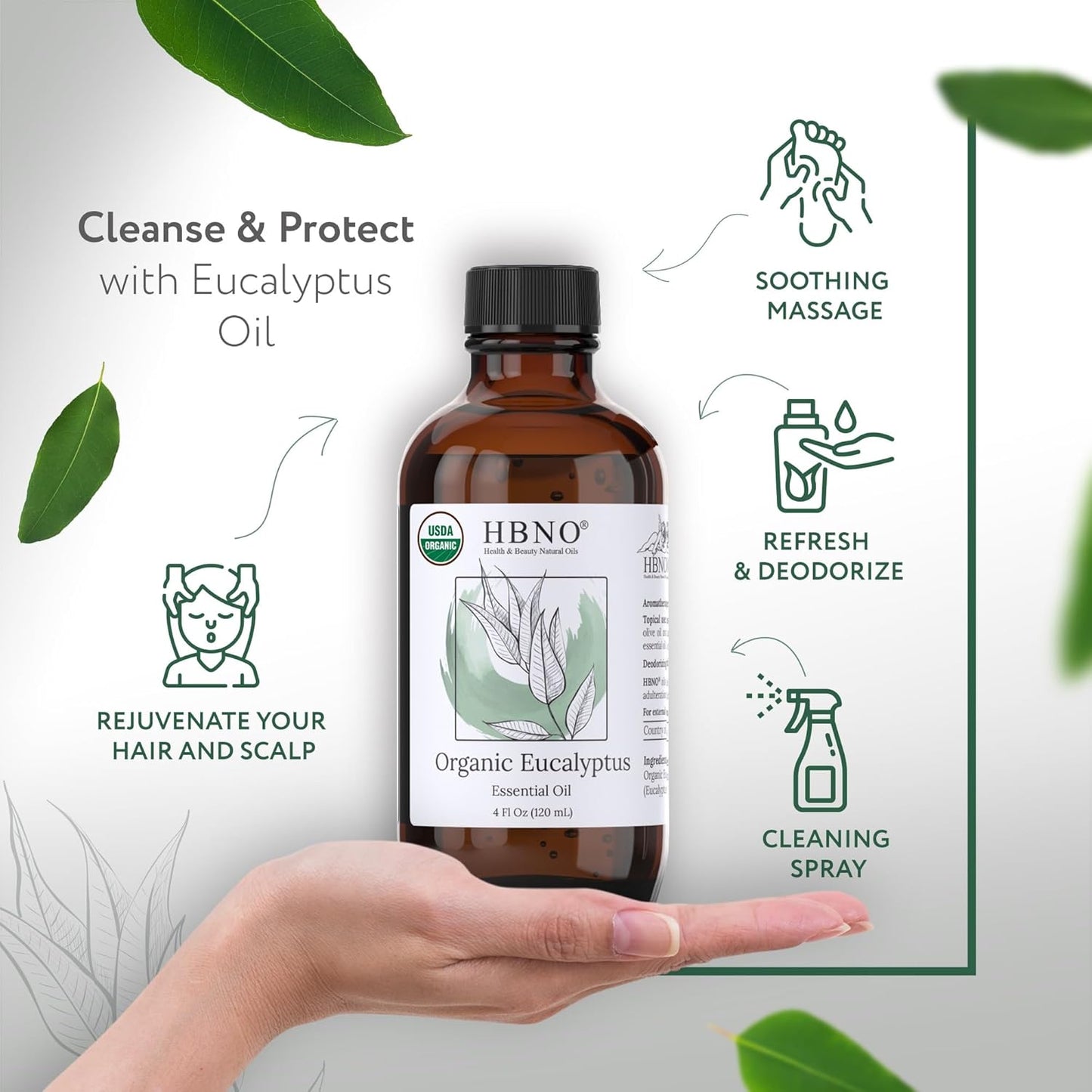 HBNO Peppermint Essential Oil - Huge 4 oz (120ml) and HBNO Organic Eucalyptus Essential Oil (Globulus) - Huge 4 oz (120ml) - Value Bundle