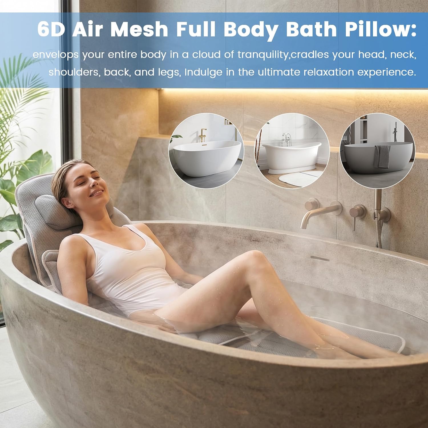 Upgraded Full Body Bathtub Pillow – 6D Air Mesh Bathtub Cushion with 168 Suction Cups for Neck, Back & Shoulder Support – Thick Quick-Dry Mesh Foam for Home Bathtub