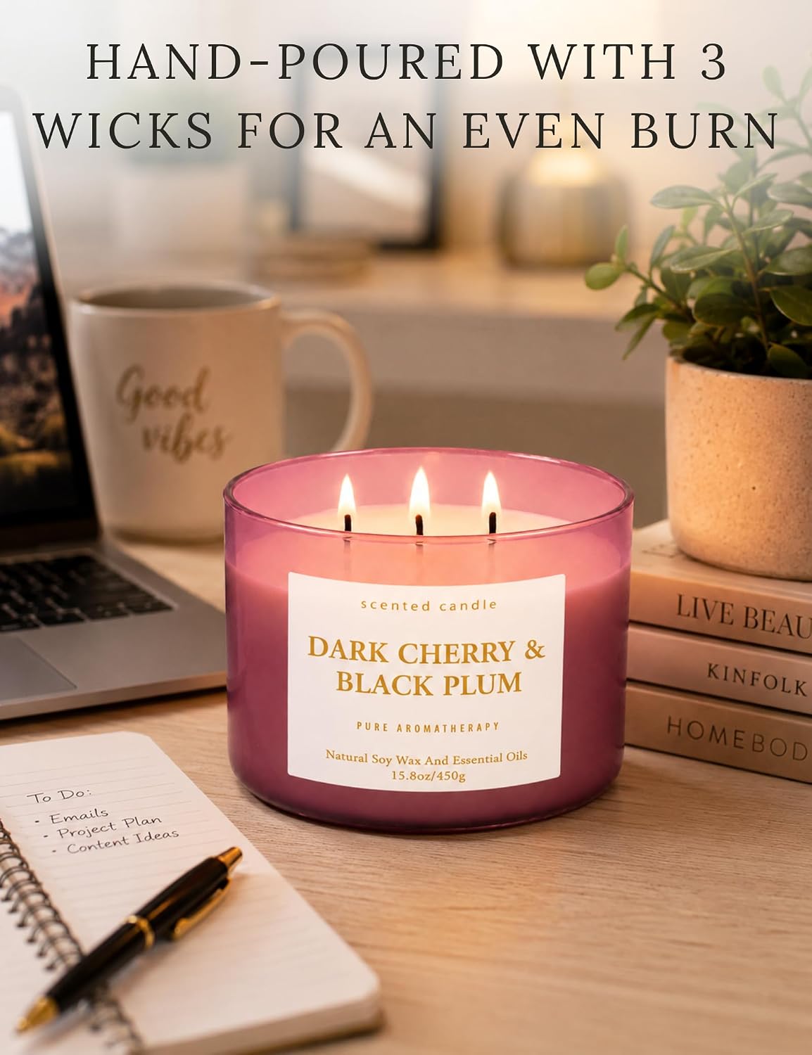 Dark Cherry Black Plum 3-Wick Soy Candle, 15.8 oz Scented Candle for Home | Black Cherry, Plum & Vanilla Notes, Aromatherapy, Highly Scented, Clean Burn, Summer & Fall candle, Gift for Women & Men