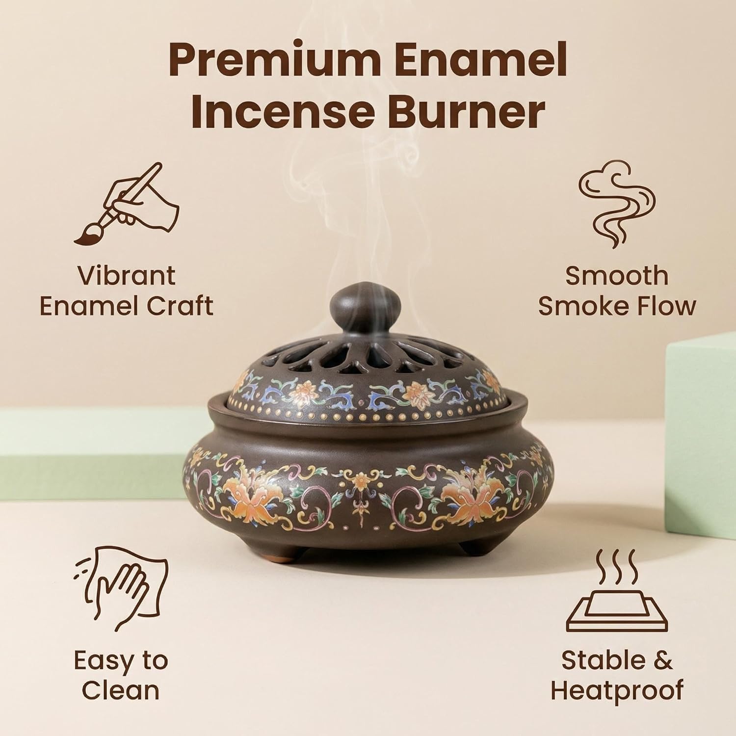 Ceramic Incense Burner, Coil Cone Enamel Incense Burner Holder, Tweezers & Brush Included - Perfect for Home, Office, Yoga, Meditation, SPA, or Tea Ceremony
