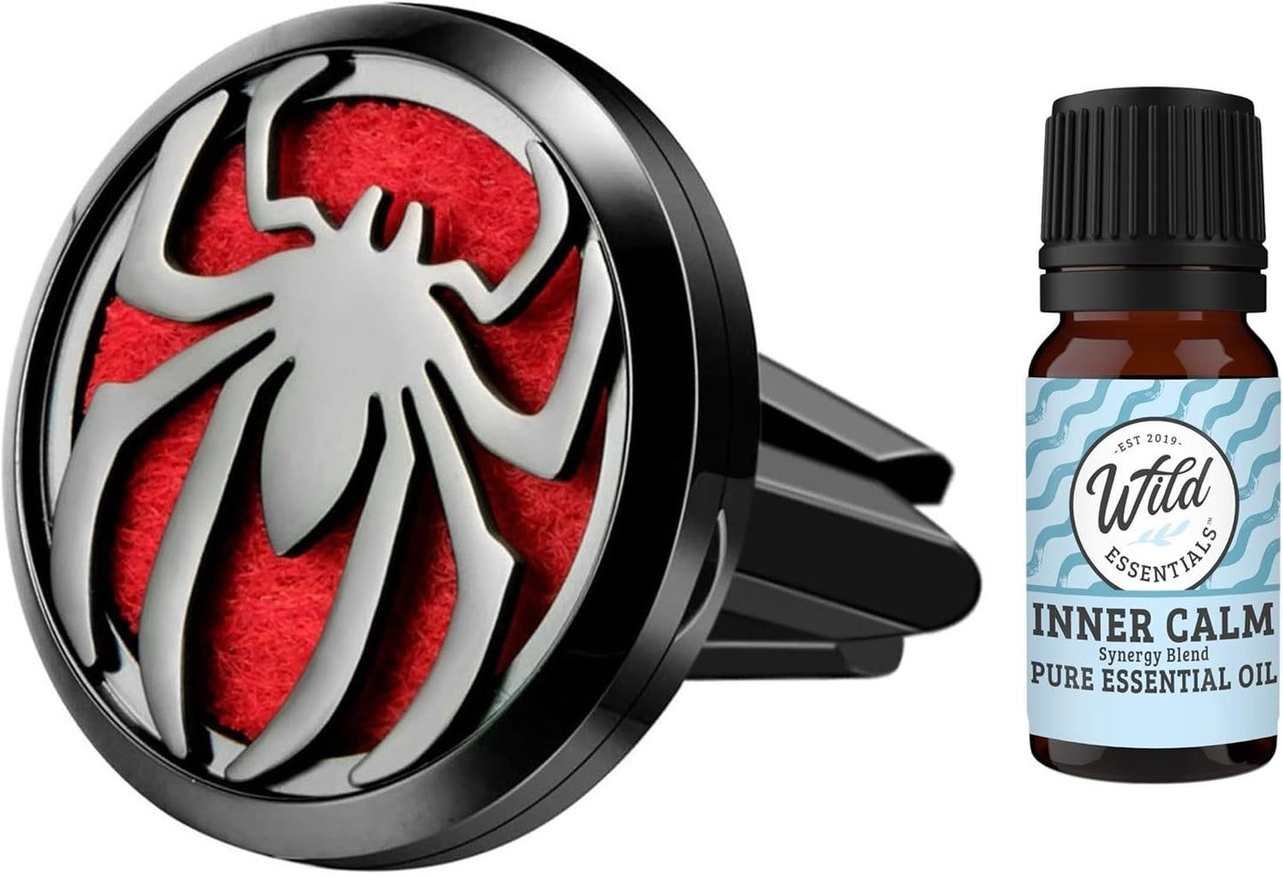 Wild Essentials Black Chromme Spider Car Vent Diffuser Kit – 316L Stainless Steel Locket, Rubber-Coated 4-Way Clip, 8 Color Pads (22mm), 25mm – Includes Inner Calm (1 x 10ml)