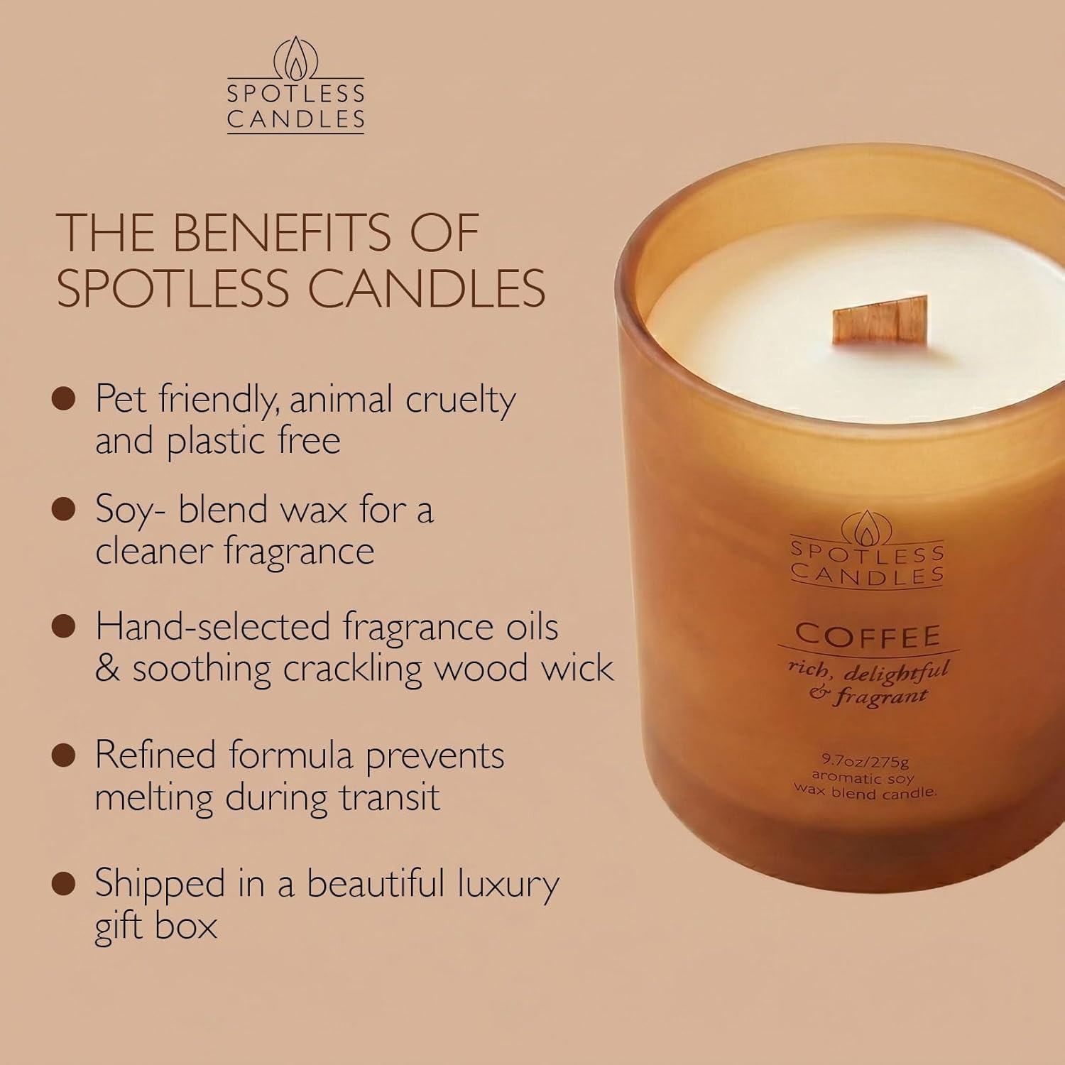 Coffee Candle; 9.7oz, 55 Hrs Burn Time, Soy Wax Brown Frosted Jar with Crackling Wooden Wick & Luxury Gift Box with Gold Foil Strip: Coffee Scented Candle by Spotless Candles