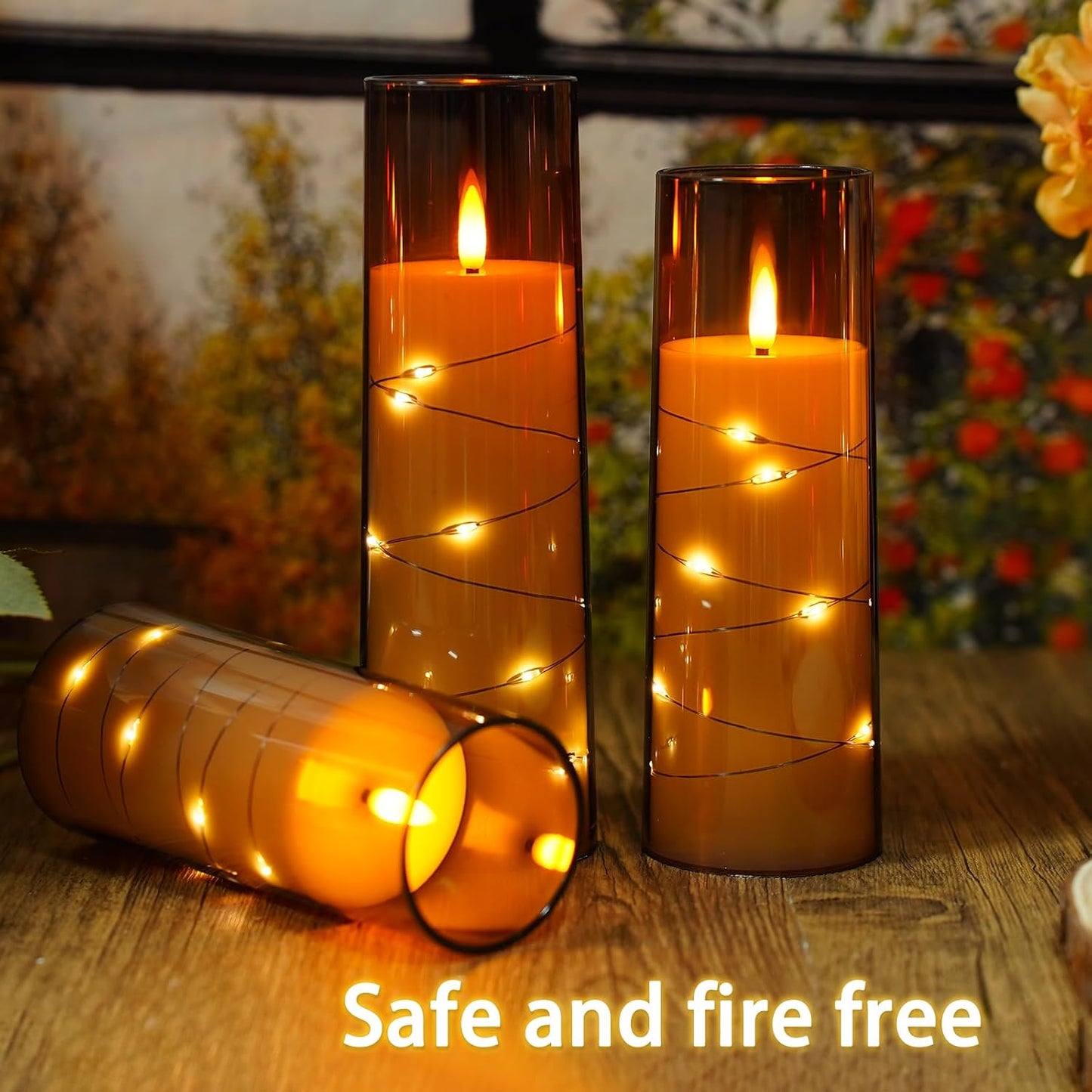 Nimiko Flickering Flameless LED Candles, 9 Pcs with Embedded Star String, Acrylic LED Pillar Candles with Remote, Suitable for Home Decoration (Grey)