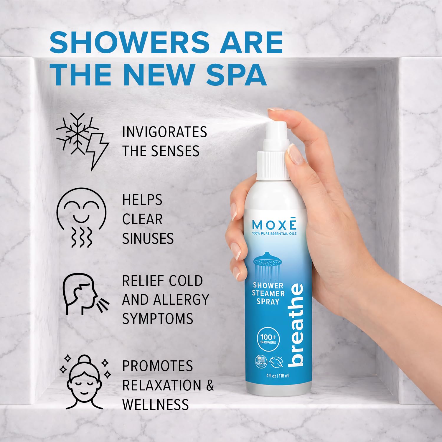 MOXE Breathe Shower Mist, Eucalyptus and Peppermint, Spa Steam Spray, Certified Natural 100% Essential Oils, Made in USA, Aromatherapy, Sinus Congestion Relief, Tension Relief, 4 Ounces (1 Pack)
