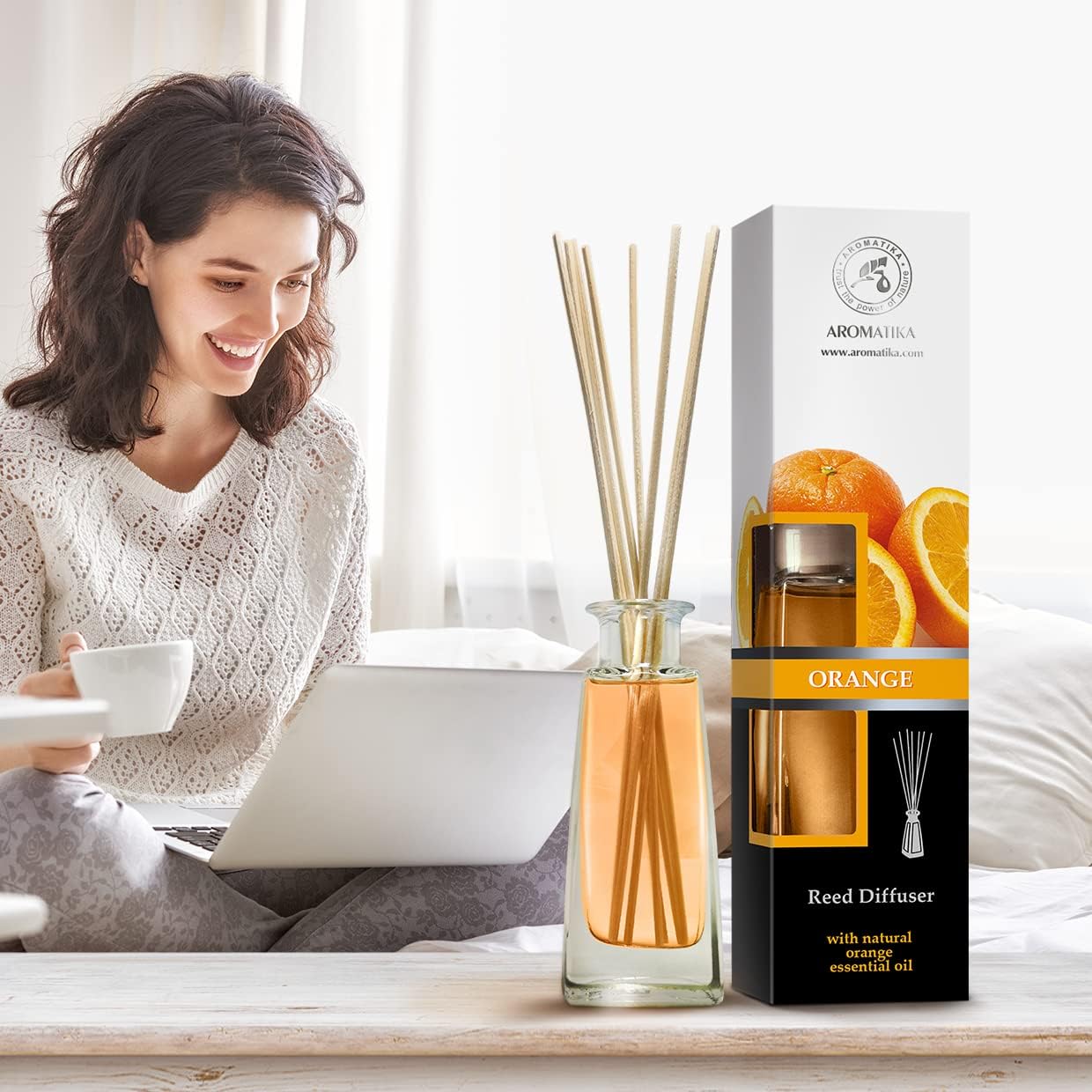 Orange Diffuser w/Orange Oil 3.4 Fl Oz - Fresh Room - Long Lasting Fragrance - Scented Reed Diffuser Orange - Diffuser Gift Set - for Aromatherapy - Home - Orange Essential Oil Diffuser by AROMATIKA