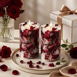 Nuanchu 2 Pcs Rose Petal Scented Pillar Candles - Dried Flower Infused Soy Wax Candles, Burning Candle for Home Decor, Wedding, Romantic Night, Birthday, Anniversary, Gifts for Women