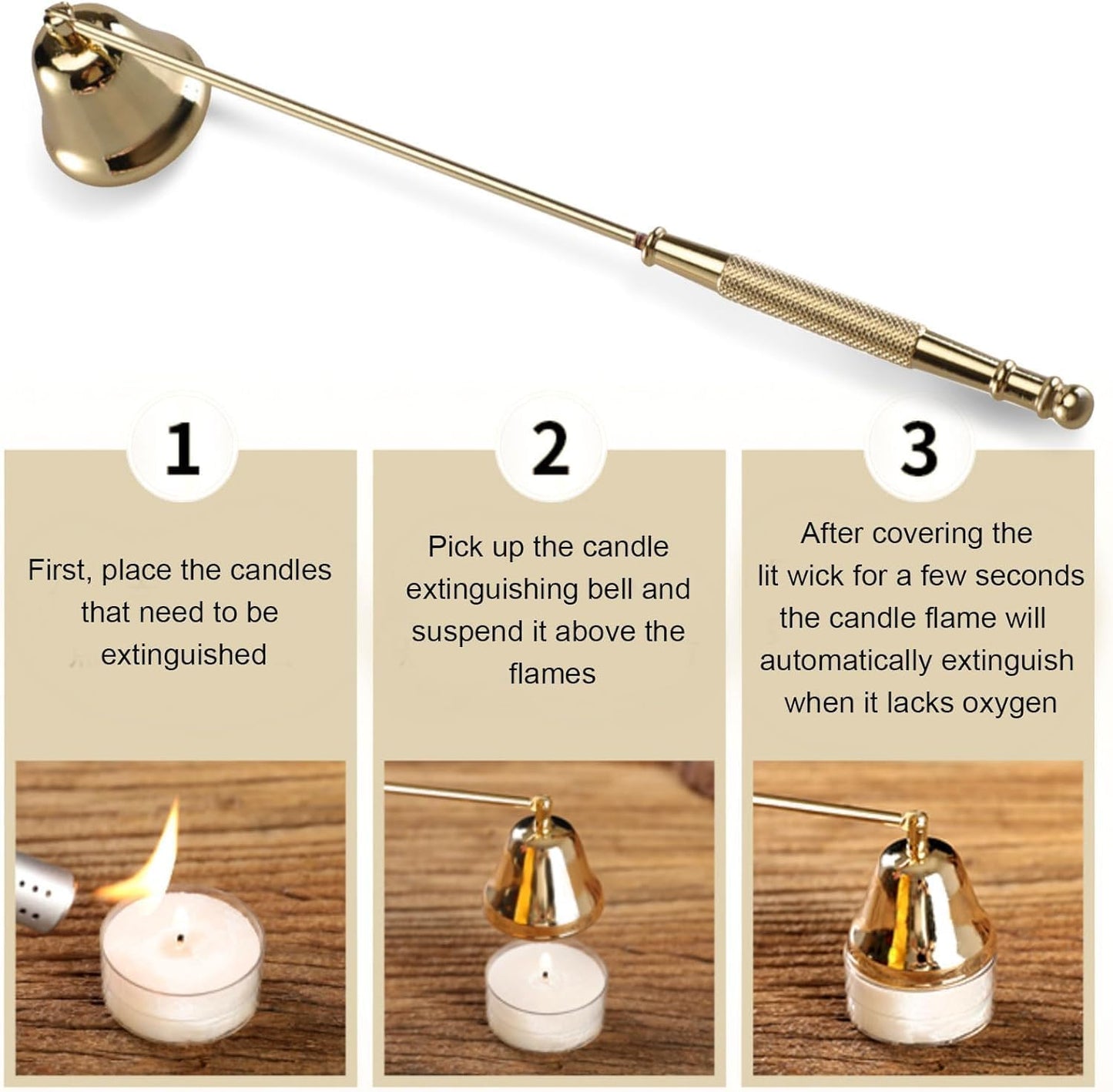 Candle Snuffer Extinguisher with Long Handle, Stainless Steel Wick Flame Snuffer for Putting Out Wick Flame Safely (Gold Accessory)