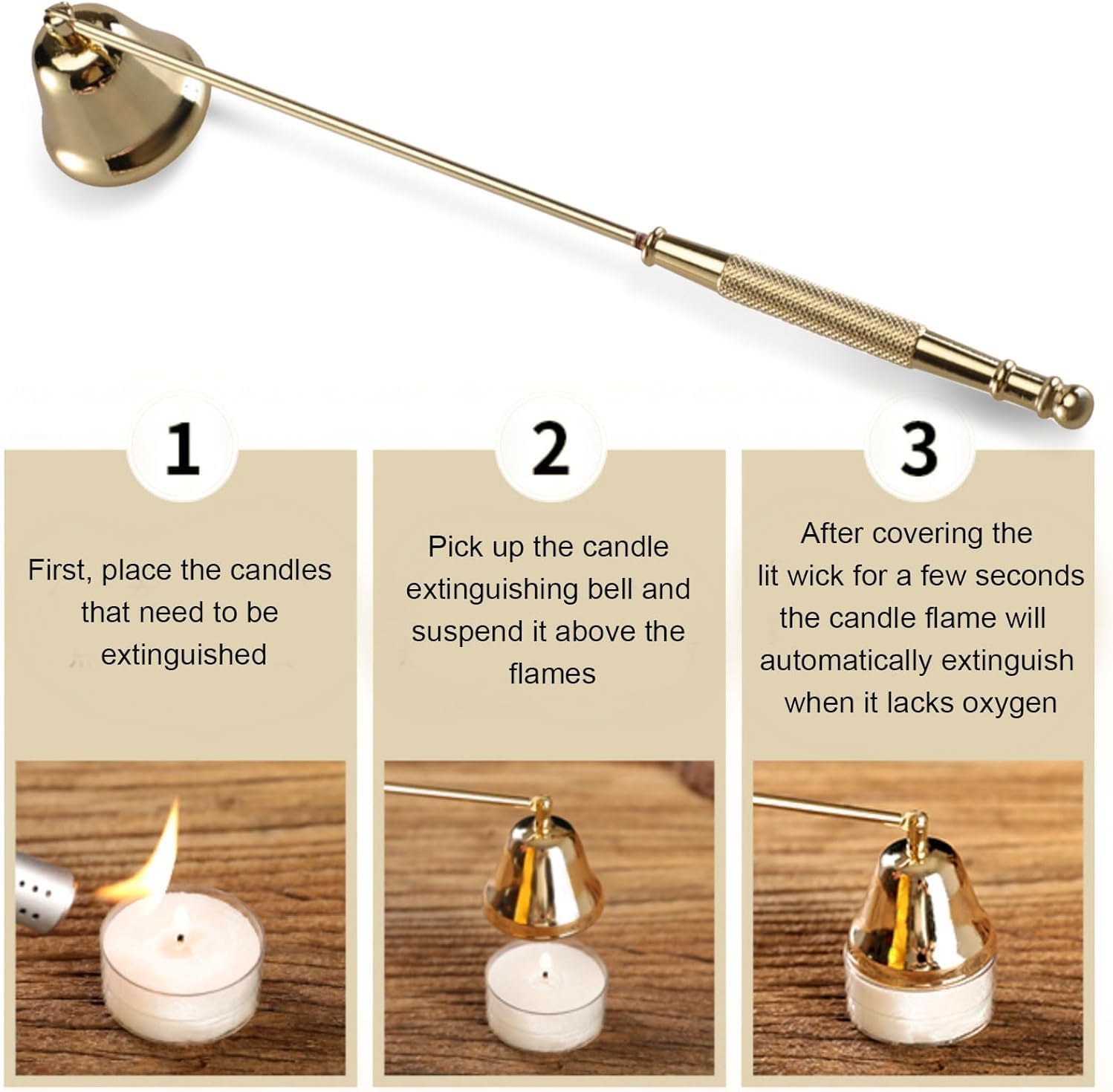 Candle Snuffer Extinguisher with Long Handle, Stainless Steel Wick Flame Snuffer for Putting Out Wick Flame Safely (Gold Accessory)