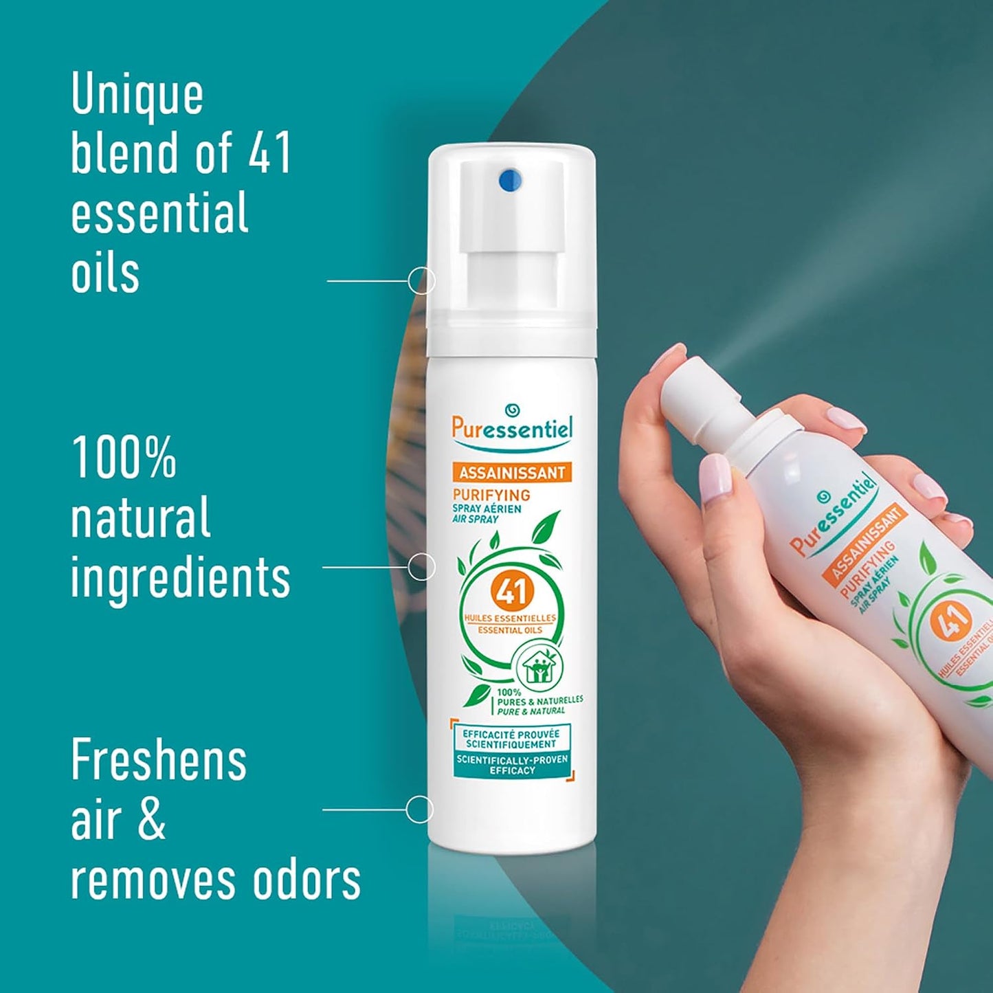 "Puressentiel Purifying Air Freshener Spray - Room Spray with 41 Essential Oils - Eliminate Odors without Synthetic Chemicals - Multi-Use - 6.75 oz"