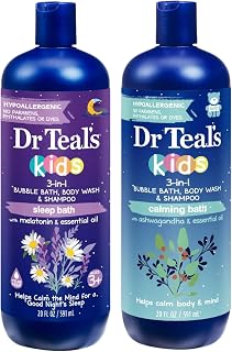 Dr Teal's Kids 3-in-1 Bubble Bath, Body Wash & Shampoo, Sleep Bath with Melatonin and Calming Bath with Ashwagandha, 20 fl oz, 2 Pack