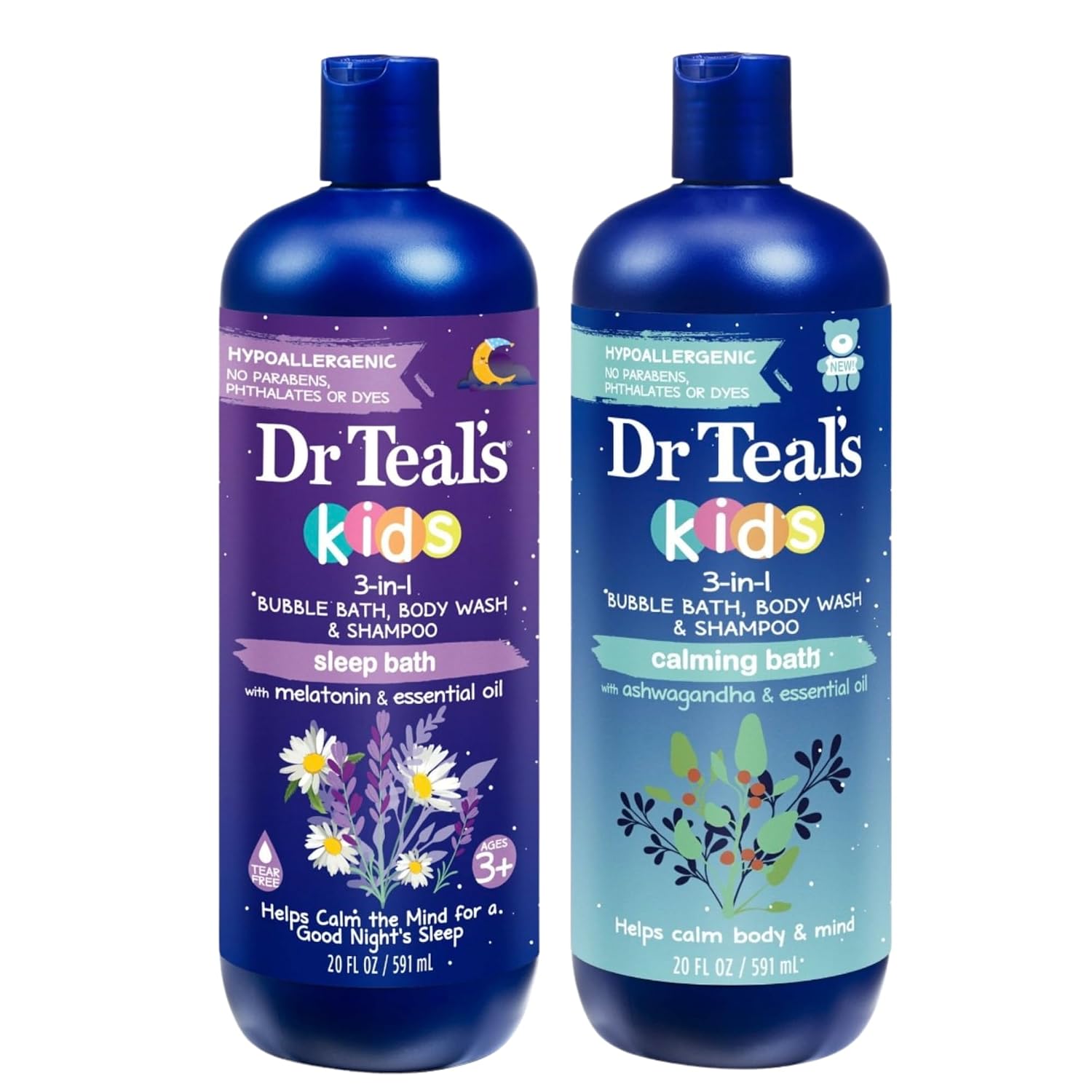 Dr Teal's Kids 3-in-1 Bubble Bath, Body Wash & Shampoo, Sleep Bath with Melatonin and Calming Bath with Ashwagandha, 20 fl oz, 2 Pack