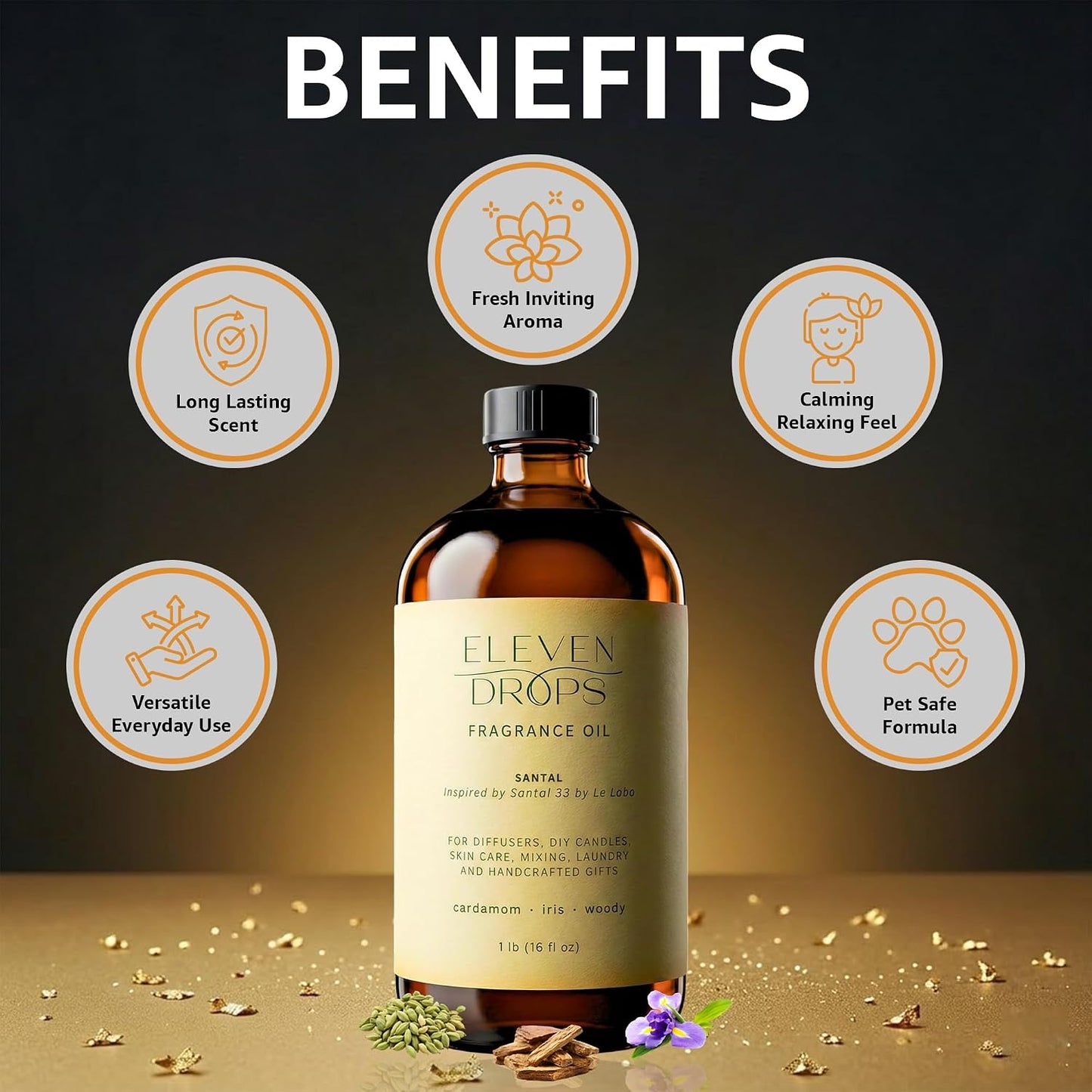 Santal Fragrance Oil | Cardamom, Iris & Woody Notes | Long Lasting Scent Reed Diffuser Oil for Home, Office, Hotel, Spa, Car & Linen Spray | Pet Friendly IFRA Compliant, 16 oz