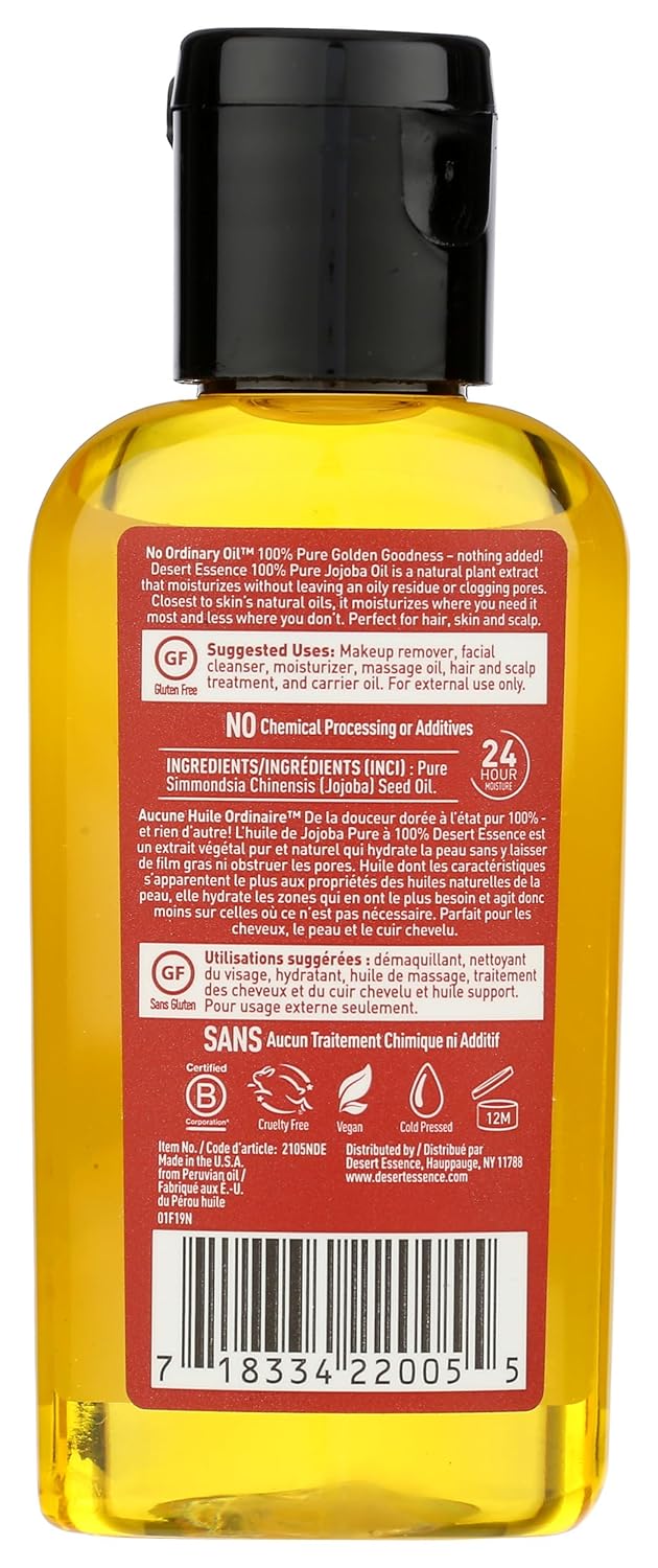 Desert Essence 100% Pure Jojoba Oil - 2 Fl Oz - Haircare & Skincare Essential Oil - Suitable For All Skin Types - No Oily Residue - May Help Prevent Flakiness - Makeup Remover - Aftershave Moisturizer