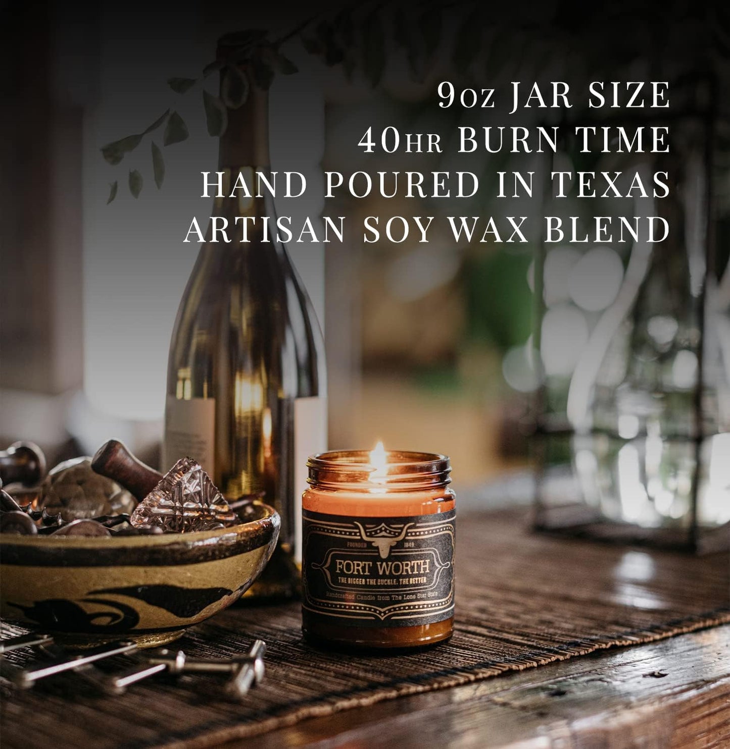 Jackson Vaughn Scented Texas Candle, Rodeo - Scents of Leather, Patchouli, Dry Straw, Spice - 9oz Jar - 40 Hour Burn Time
