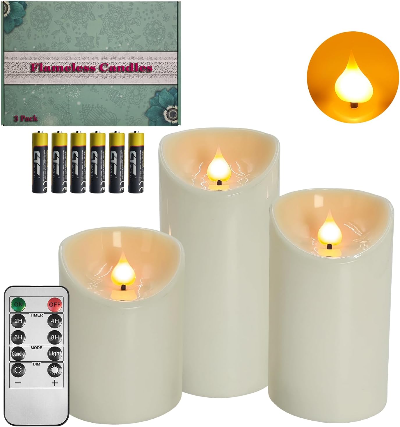 Battery Operated Pillar Candles, 3 Pack Ivory Flickering LED Candles with Remote and Timer, Indoor & Outdoor Flameless Candles, 15-Day Runtime