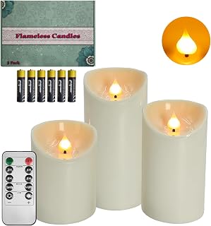 Battery Operated Pillar Candles, 3 Pack Ivory Flickering LED Candles with Remote and Timer, Indoor & Outdoor Flameless Candles, 15-Day Runtime