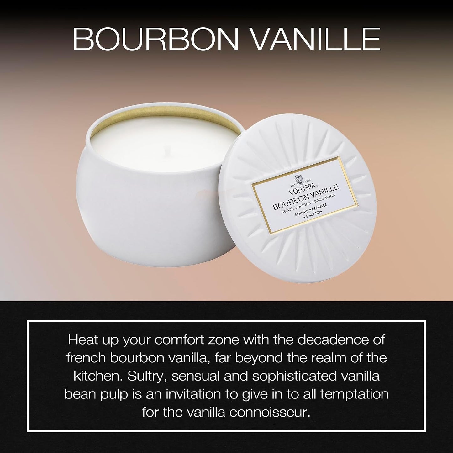 Voluspa Bourbon Vanille, Mini Tin Candle, 4 oz, 25 Hour Burn Time, Coconut Wax for Clean Burning, Handcrafted in the USA