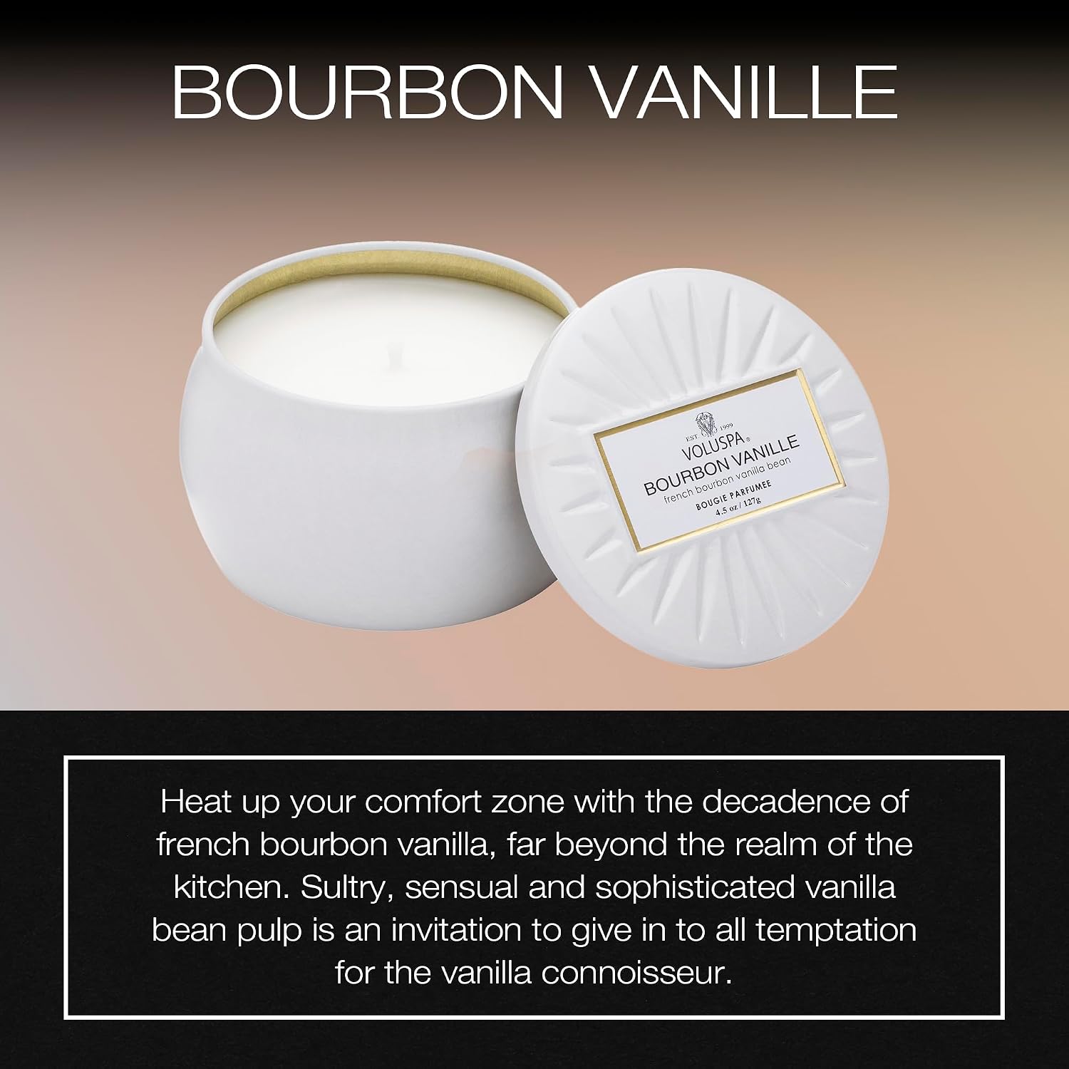 Voluspa Bourbon Vanille, Mini Tin Candle, 4 oz, 25 Hour Burn Time, Coconut Wax for Clean Burning, Handcrafted in the USA
