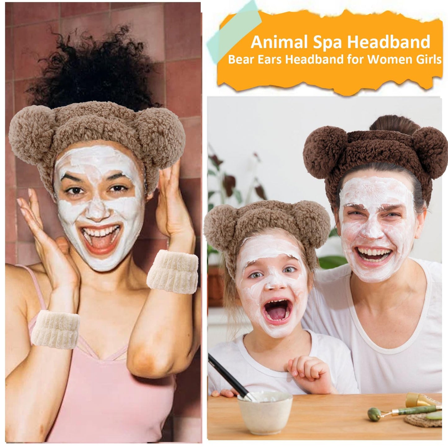 Atoden Bear Ears Spa Wristband Set - Cute Animal Skincare Headband for Washing Face - Fluffy Elastic Face Wash Hair Band for Women & Girls - Trendy Brown