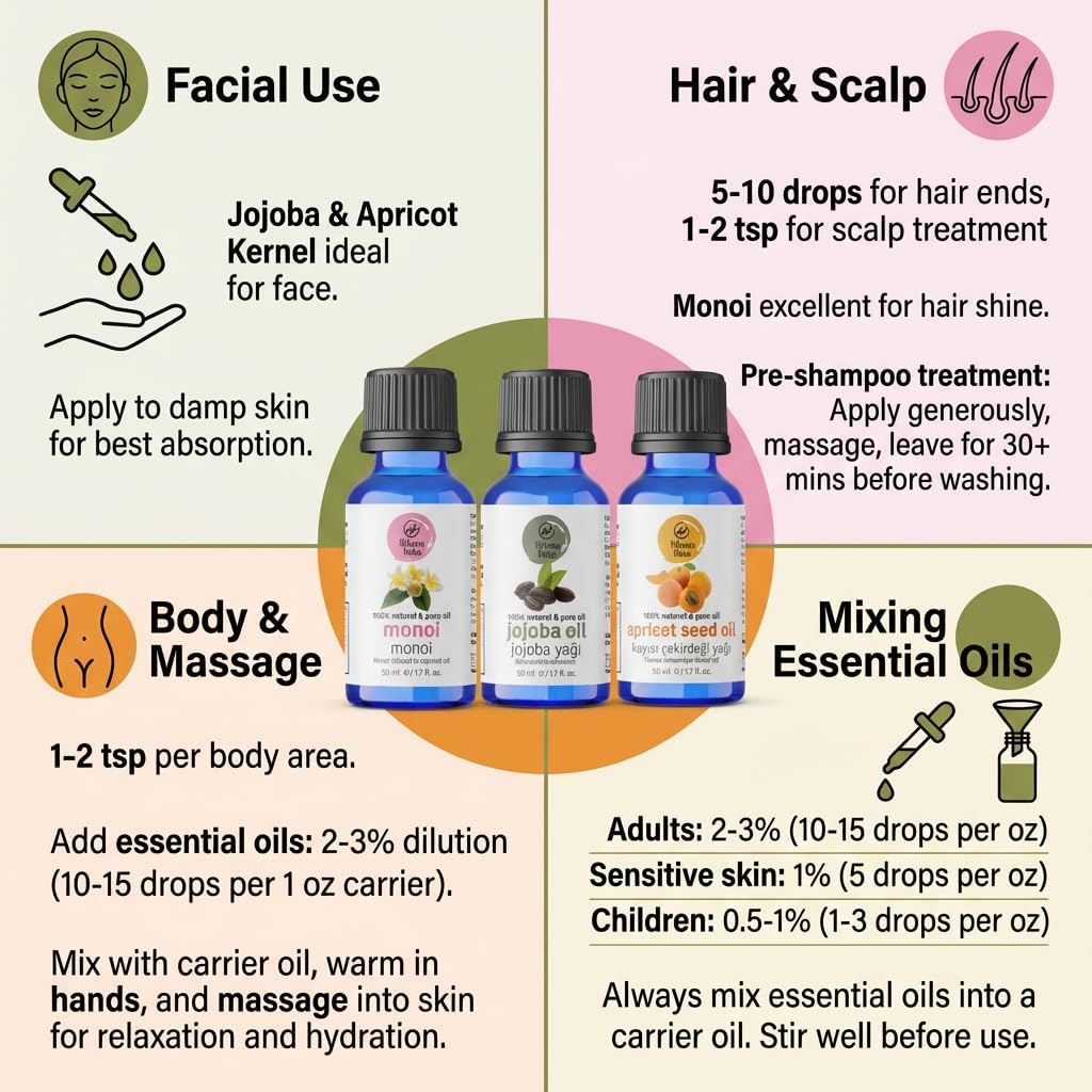 Jojoba Oil for Skin, Hair & Nails – Carrier Oils Set, Jojoba, Monoi & Apricot Kernel, 100% Pure Cold Pressed, Carrier Oil for Essential Oils Mixing, 1.7 fl oz Each, 3-Pack