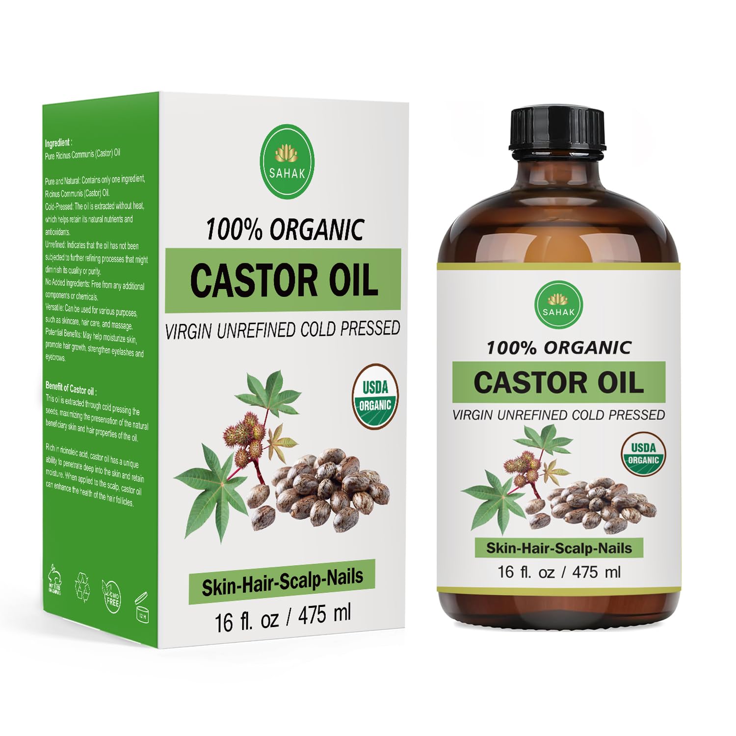 Extra Virgin USDA 100% Organic Castor Oil for Hair, Brows, Lashes & Skin – Cold-Pressed, Hexane-Free, Mess-Free Pump in 16oz Glass Bottle