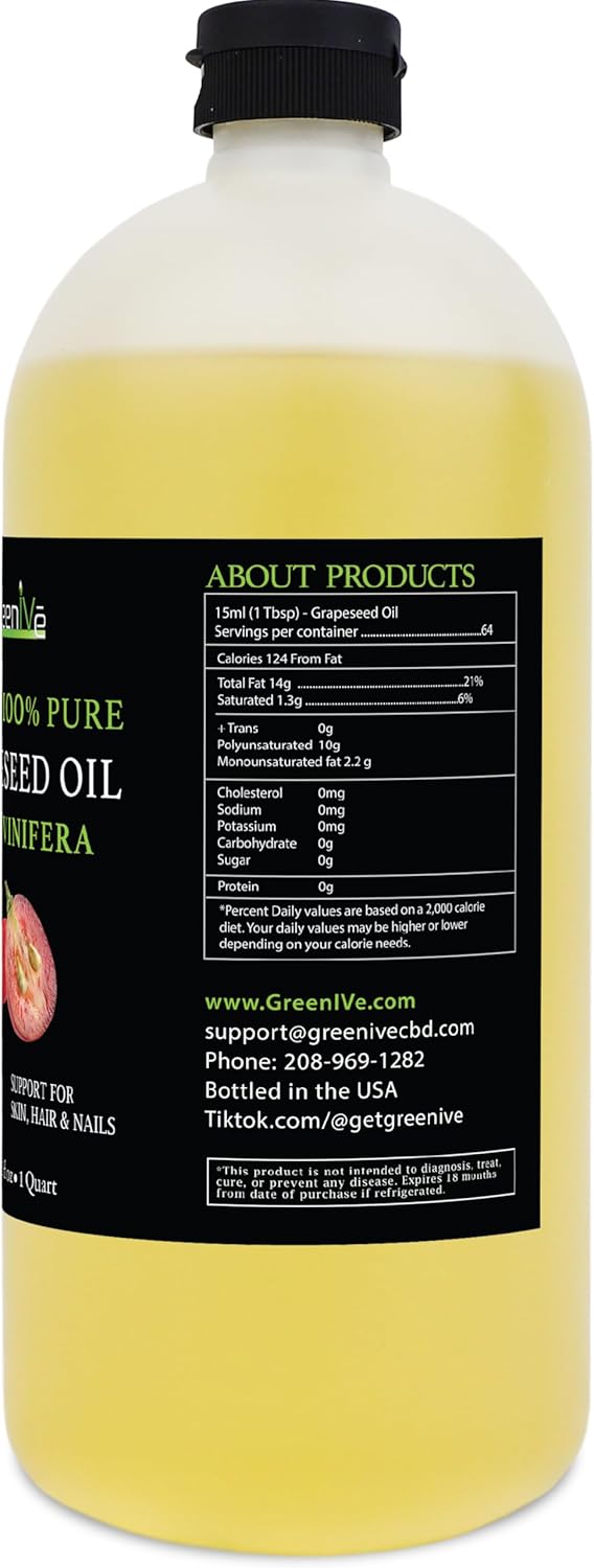 GreenIVe Grapeseed Oil Naturally Grown 100% Pure Cold Pressed Light Flavor High Tempurature Cooking 32oz