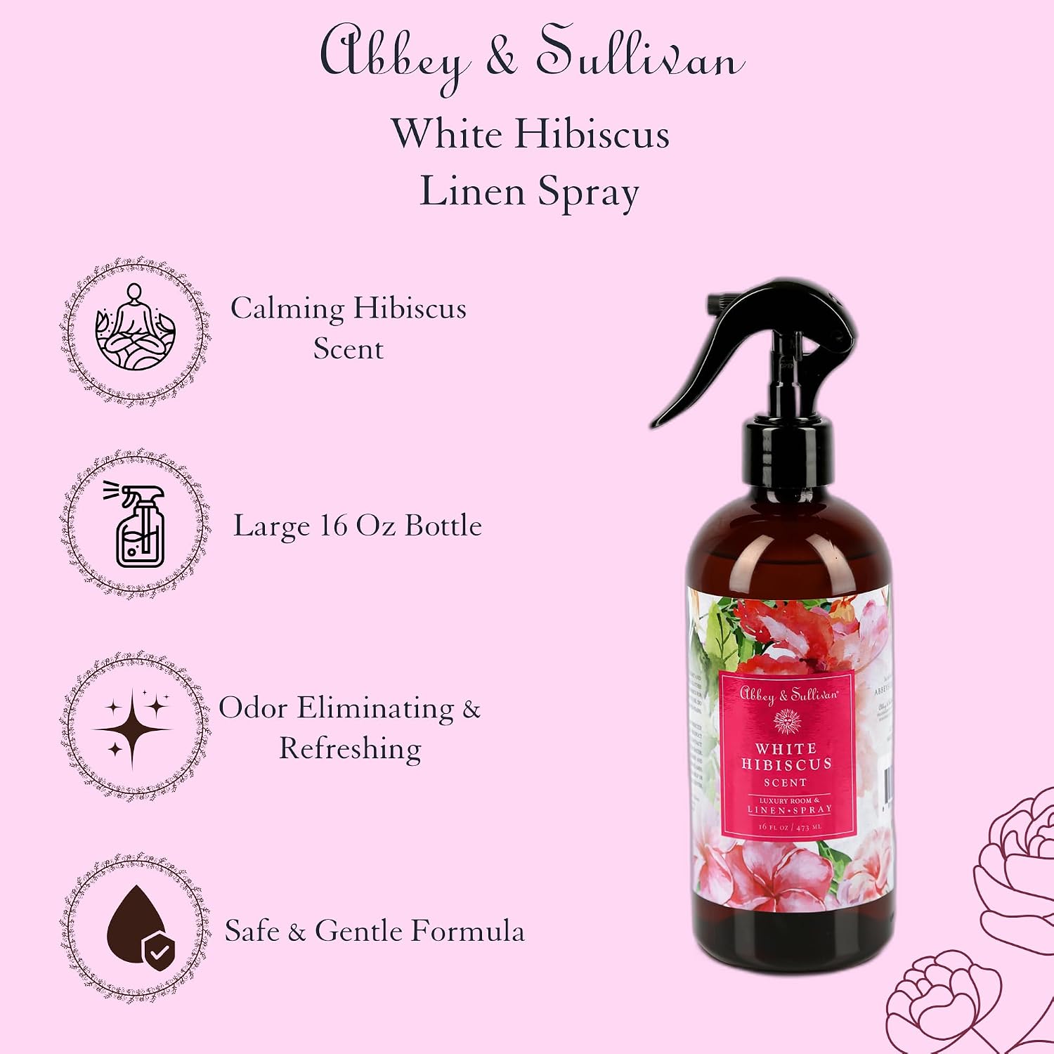 Abbey & Sullivan Linen Spray, White Hibiscus, Fabric Freshener and Fragrance Room Spray, Pack of 2, 16 oz