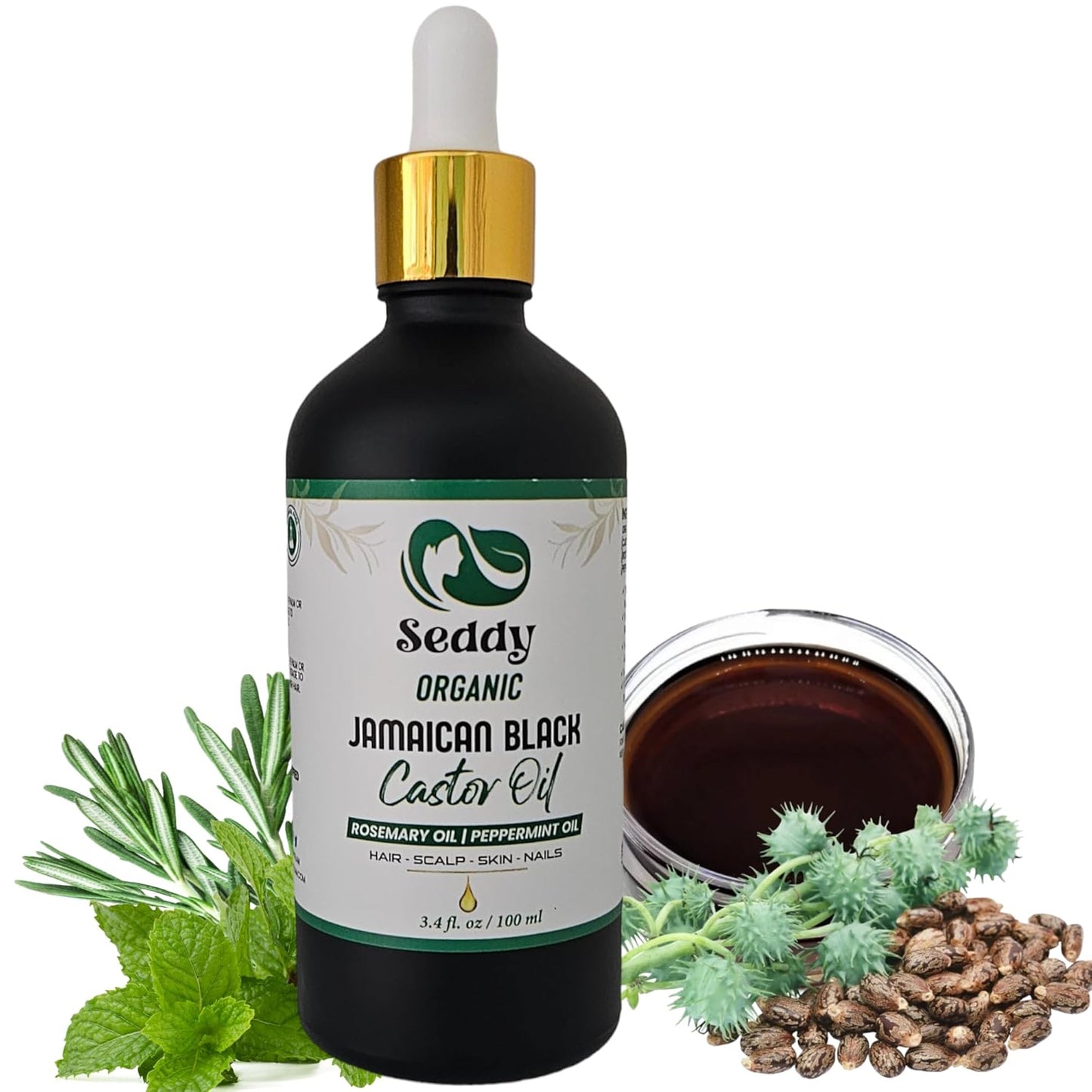 Seddy Organic Jamaican Black Castor Oil with Rosemary & Peppermint – Cold-Pressed, Hexane-Free Hair Growth & Scalp Treatment Oil for Thicker, Stronger Hair, Edges & Beard – 3.4 fl oz