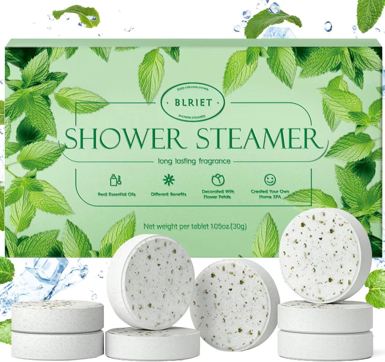 Mint Menthol Shower Steamers Aromatherapy BLRIET 8 Pack White Elephant Birthday Gifts Stocking Stuffers for Women Men Teens Self Care Travel Essentials Spa Gifts with Natural Essential Oils