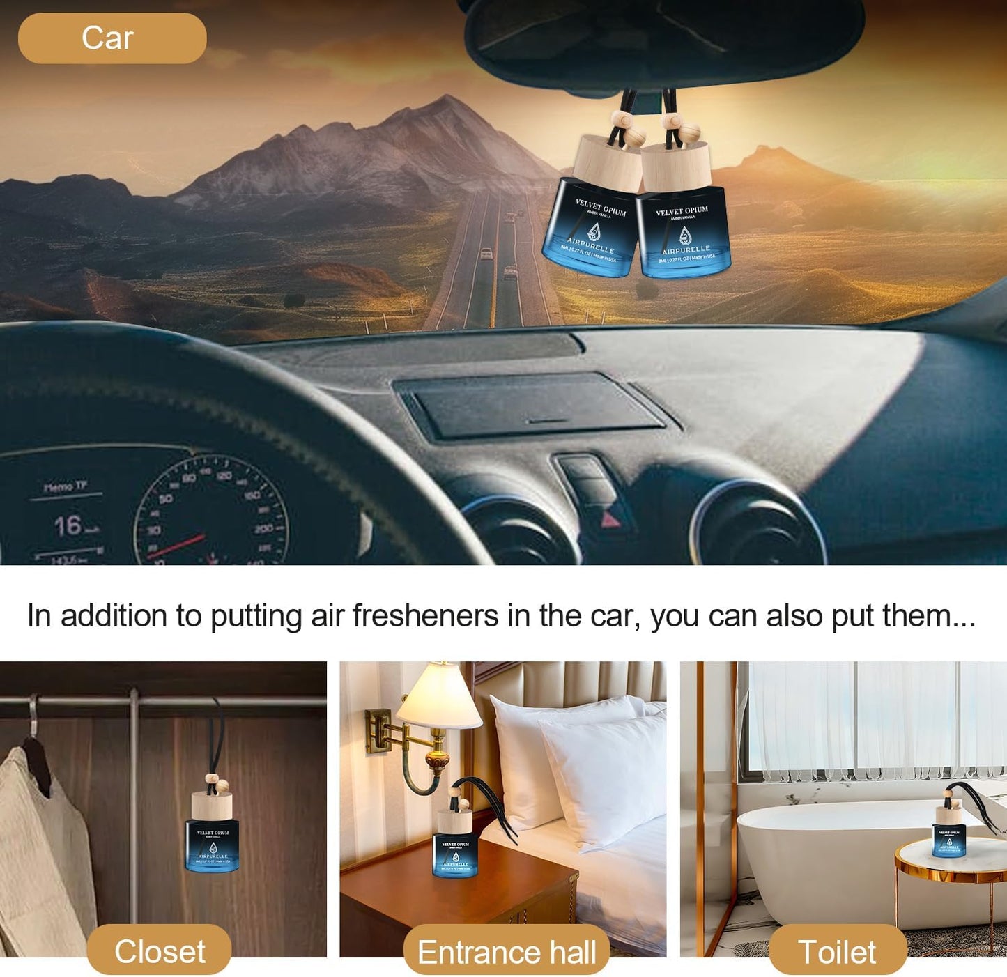 Car Air Freshener Hanging 2 Pack Car Fresheners Diffuser - Amber Vanilla Car Scents Essential Oil Air Diffuser, 45+ days Long Lasting Fragrance Air Fresheners, Two 0.27 FL OZ/8ML Made in USA