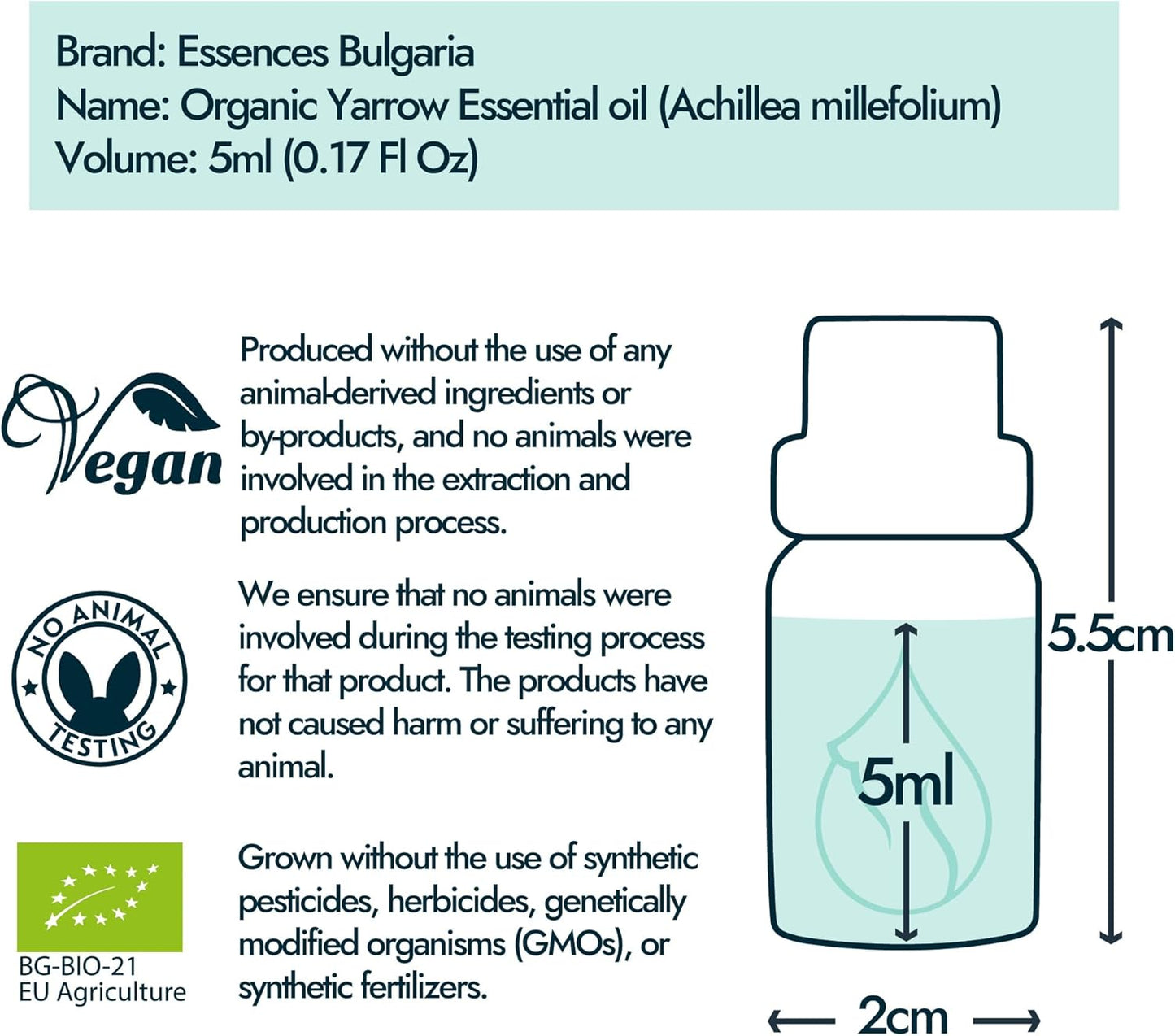 Essences Bulgaria Organic Yarrow Essential Oil 1/6 Fl Oz | 5ml | Achillea millefolium | 100% Pure and Natural | Undiluted | Therapeutic Grade | Family Owned Farm | Steam-Distilled | Non-GMO | Vegan