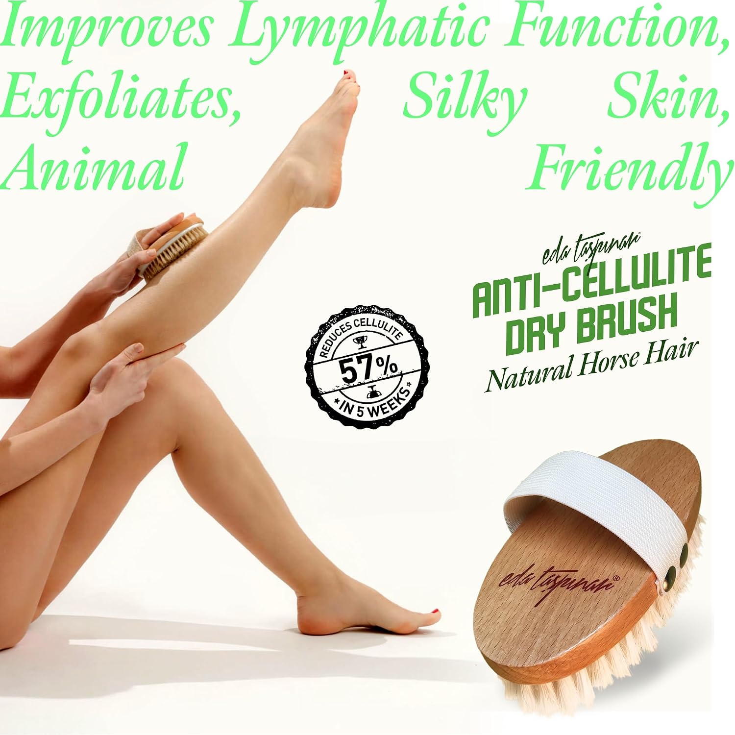 EDA Taspinar Professional Dry Brush for Body I Natural Horse Hair Bristle, Exfoliating, Lymphatic I Drainage, Cellulite, Circulation I No Shedding Spa Quality