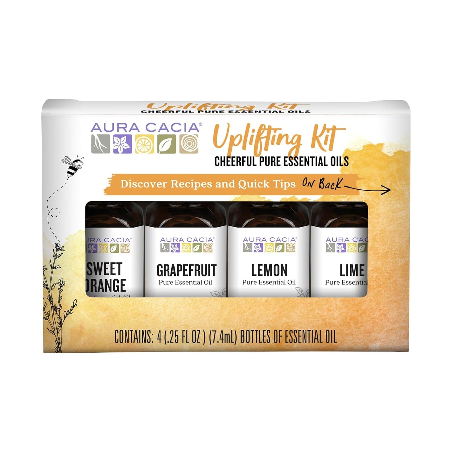 Aura Cacia Cheerful Pure Essential Oils Uplifting Kit, 0.25 fl oz 4-Pack, Grapefruit, Lemon, Lime, Sweet Orange Aromatic Oils