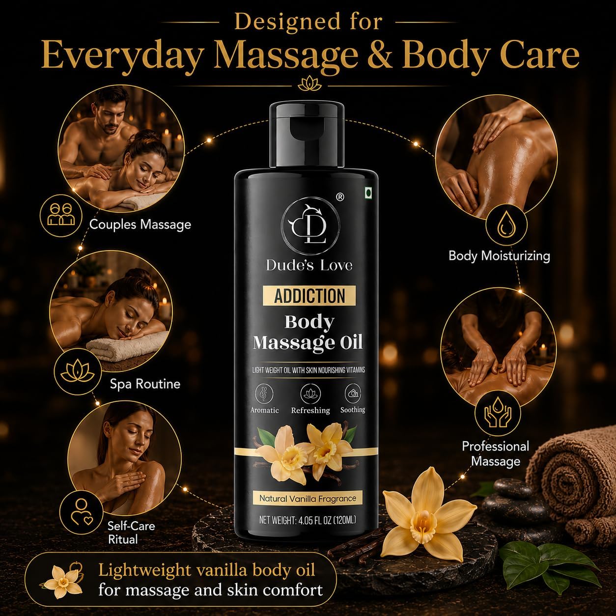 Vanilla Body Massage Oil Organic Non-Sticky Formula with Fractionated Coconut Oil, Vanilla & Jasmine Oil -Light Moisturizing Massage Therapy - 4.05 Fl Oz