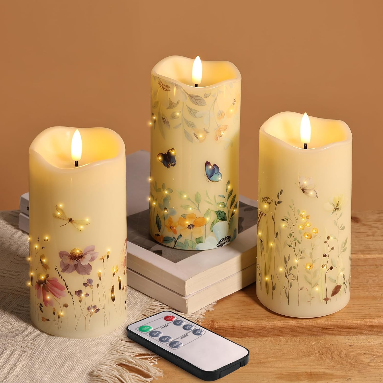 Eywamage Fiber Optic Flameless Pillar Candles with Remote Set of 3, Butterfly Floral Summer LED Candles Home Decor Φ 3" H 6"