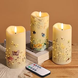 Eywamage Fiber Optic Flameless Pillar Candles with Remote Set of 3, Butterfly Floral Summer LED Candles Home Decor Φ 3" H 6"