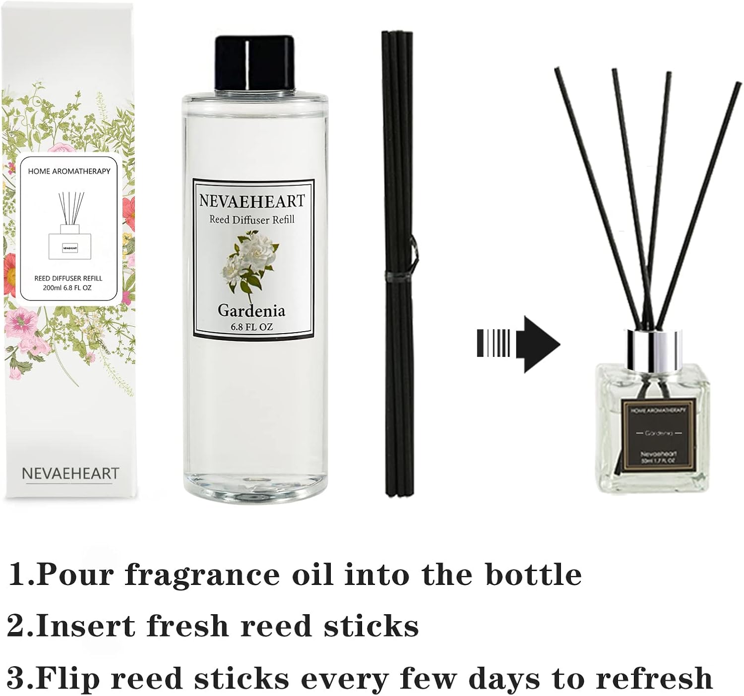 Reed Diffuser Refill, Jasmine & Mint Reed Diffuser Oil with Sticks Set, 6.8oz(200ml) Reed Diffuser Oil Refill Home Fragrance for Bedroom, Bathroom Home Decor