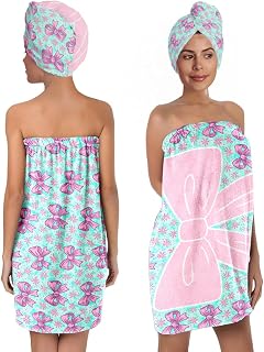 Bow Towel Wrap for Women Girls – Microfiber Shower Spa Wrap with Hair Towel Turban – Quick Dry Bath Skirt Set for Travel, Dorm, Pool, Beach, Gifts for Teen Girls (Bow 1)