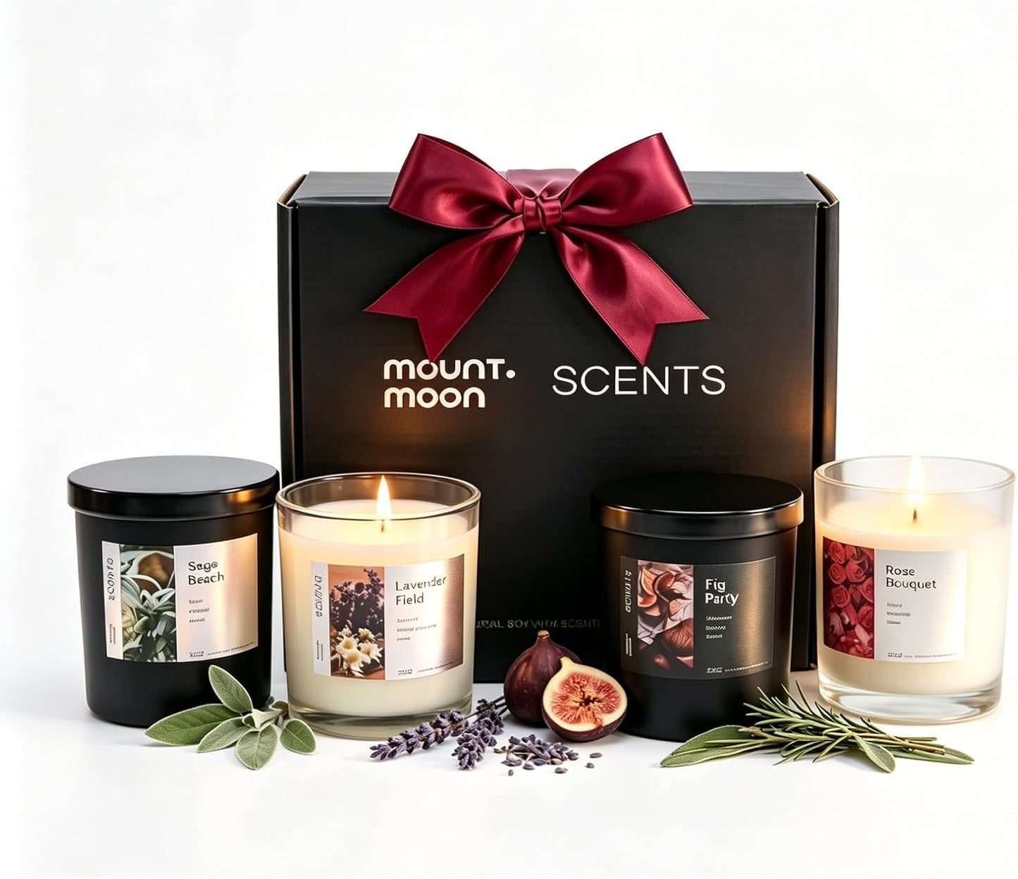 4-Pack Soy Candle Gift Set, Natural Aromatherapy Candles - Sea Salt Sage, Fig Fir, Lavender Eucalyptus, Velvet Rose, 5oz Each 150 Hour, Aromatherapy Candle Gift Set for Home, Relaxation & Spa