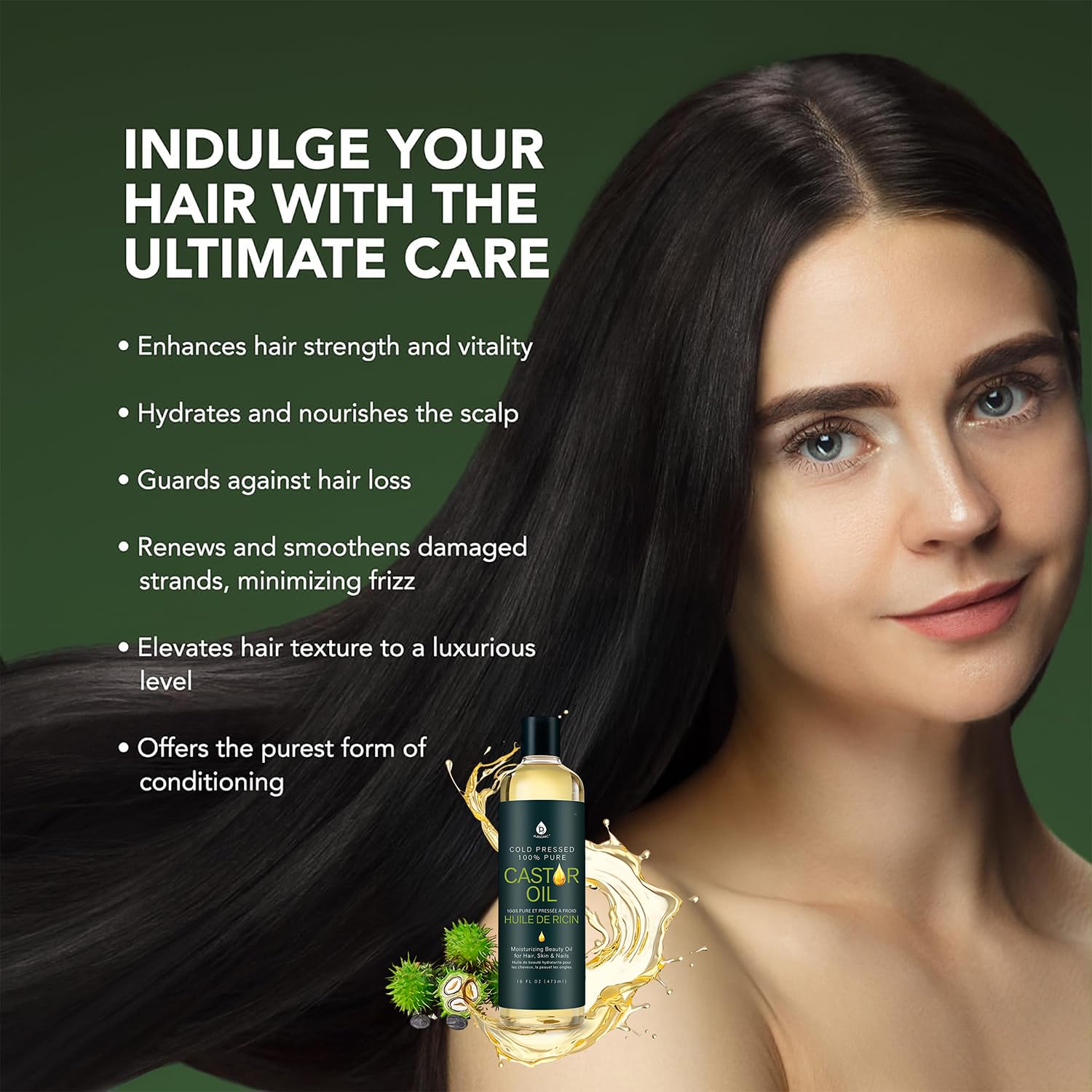 Pursonic Castor Oil (16oz) Cold-Pressed, 100% Pure, Hexane-Free Castor Oil-Moisturizing & Healing, For Dry Skin, Hair Growth - For Skin, Hair Care, Eyelashes