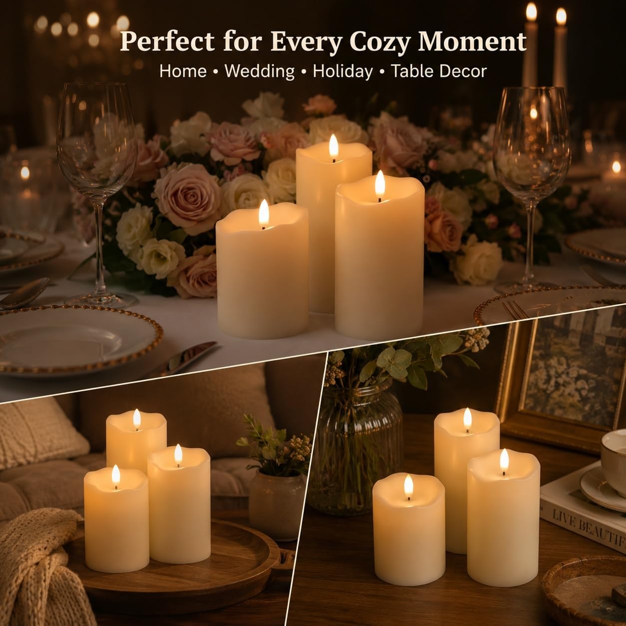 ANGELLOONG Flickering Flameless Candles, Realistic Battery Operated Candles with Remote and Timer, Set of 3 LED Candles for Fall Room Home Wedding Decor Centerpieces Table Party Christmas Decorations