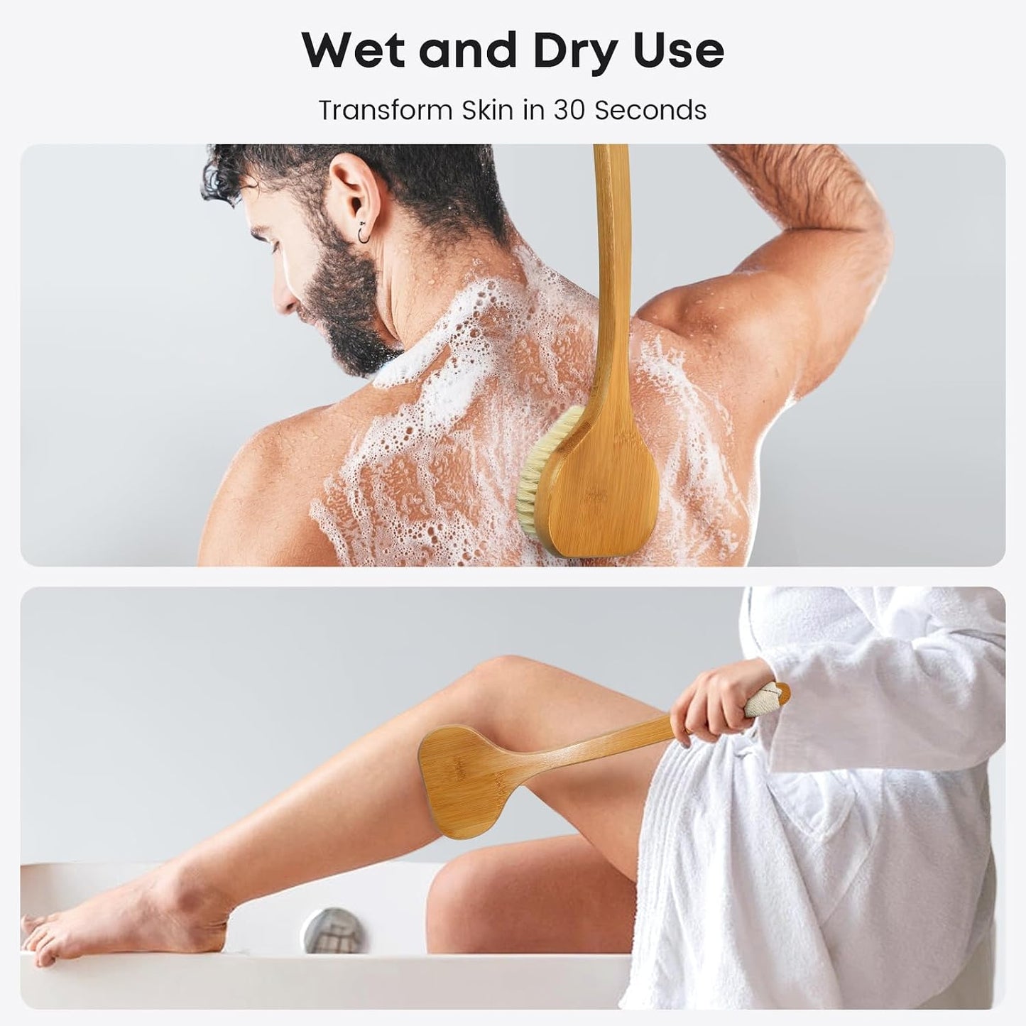 eaxun Bamboo Back Scrubber with Curved Long Handle, 17.3 Inches Exfoliating Shower Brush with Stiff Bristles for Men and Women, Back Washer Body Exfoliator for Bath or Dry Brushing