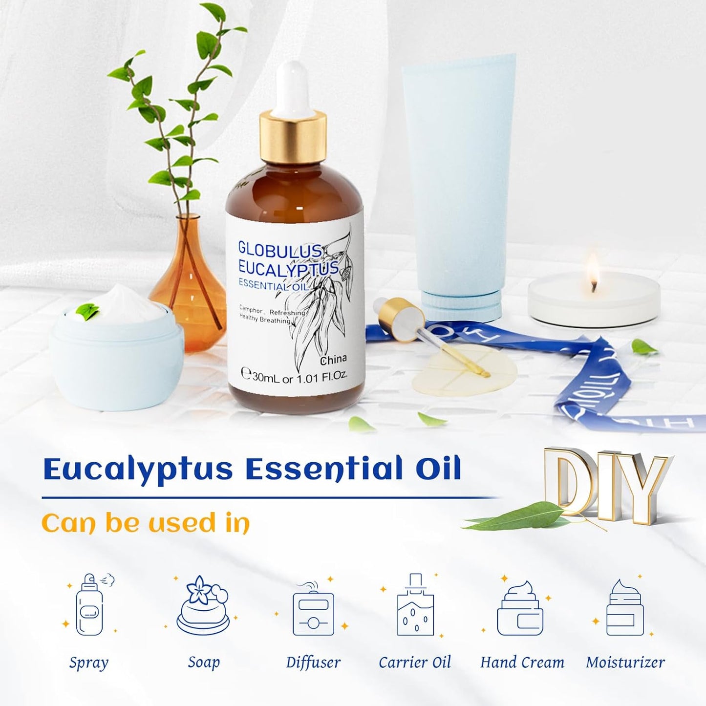 HIQILI Eucalyptus Essential Oil 1 Fl Oz, 100% Pure Natural Therapeutic Grade, Premium Grade Glass Dropper for Diffuser, Humidifier, Air Freshening, Cleaning, Home, Skin