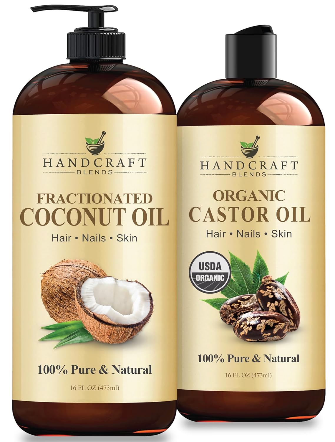 Handcraft Blends Hair Mask Essentials Set: Organic Castor Oil and Fractionated Coconut Oil – (2 x 16 Fl Oz) – 100% Pure & Natural – Carrier Oils for Hair Masks and Body Care