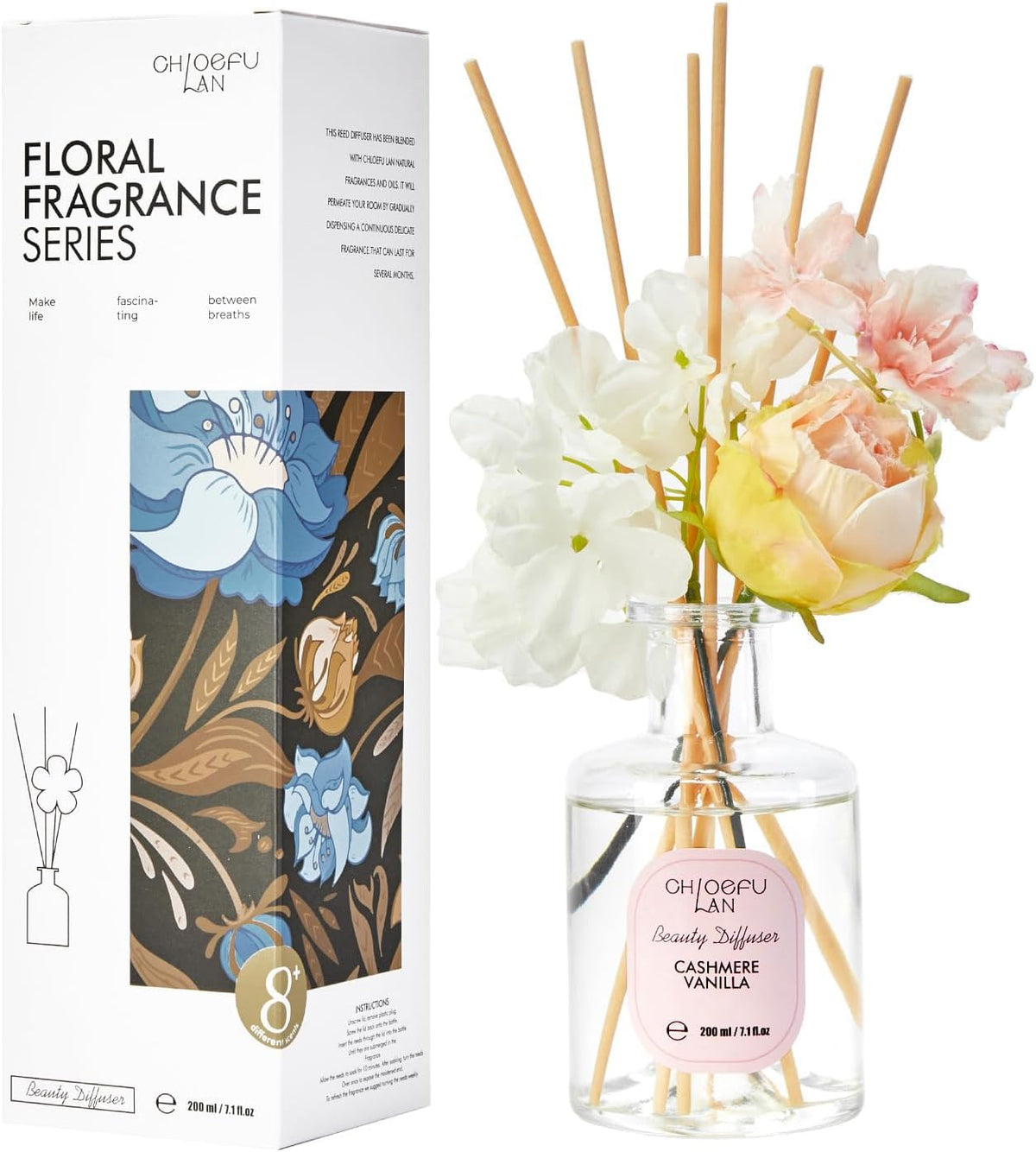 Cashmere Vanilla Reéd Diffuser Set with Flowers Reéd Diffuser Sticks