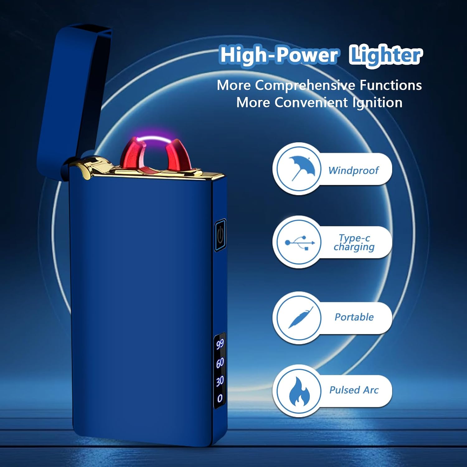 Plasma Lighter Rechargeable Electric Lighter Arc USB C Electronic Windproof Lighters High Power Big Flame Lighters with Digital Power Display for Candle, Incense, Fireworks (Ice Blue)