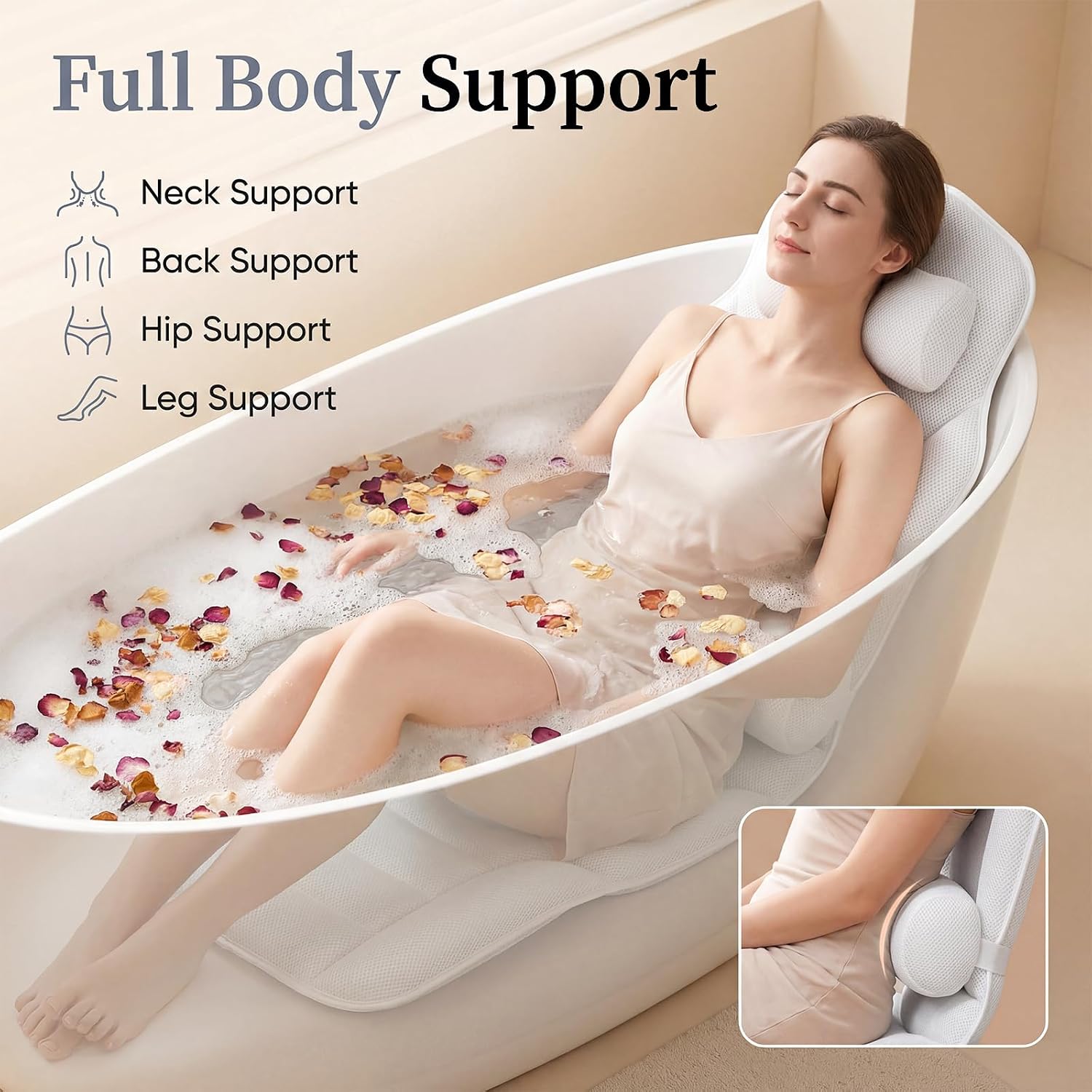Full Body Bath Pillow for Bathtub, Adjustable Bathtub Pillows for Head and Neck Support, Extra Long Thick Bathtub Cushion with 192 Non-Slip Power Suction Cups, Spa Present Bath Pillow (52" x 17")