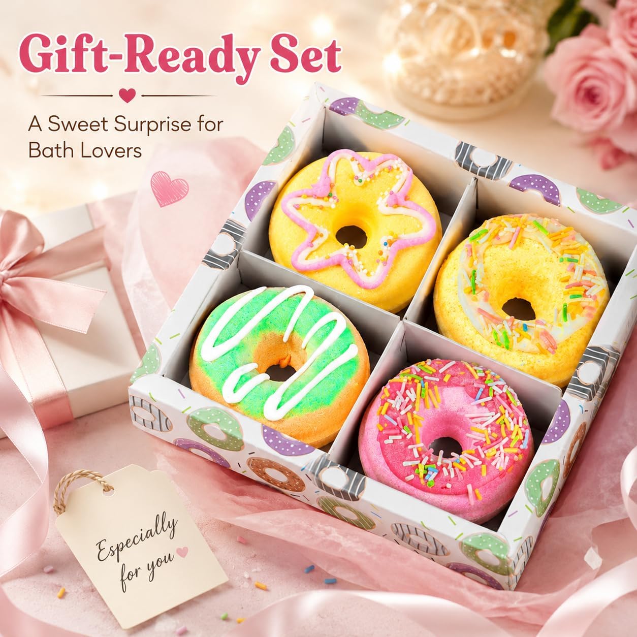 Bath Bombs Gift Set, Donut Bath Bombs for Women, 4 Pack Natural Bubble Cute BathBombs, Ideal Present for Her Mom Women Kids Girls Girlfriend, Birthday, Mothers Day, Valentines, Christmas